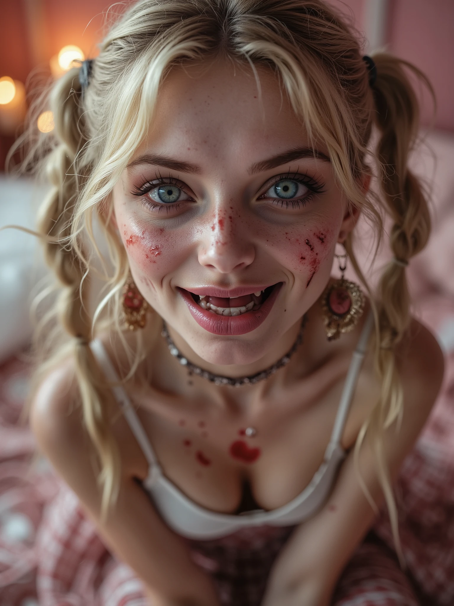 1 girl, sexy 18 year old girl , pigtails, beautiful face, gorgeous, beautiful, beautiful, beautiful face, pale skin, parts, blonde hair, Blue eyes, full and shiny lips, big lips, thick lips, half-open lips , light pink lip gloss , mask, skinny thighs, petite body, , skinny, flat chest, skinny, body(body heigth:140cm), Big Head, innocent look, Young face, long pink nails, choker, feet and heels hd, large hoop earrings pink micro plaid skirt , off her shoulders white tank top, white tight gathered stockings, black patent leather high heels, sweaty, Sitting in a bedroom with candles and a soft warm light. The colors of the room are pink and white , perfect eyes , very detailed eyes, beautiful and expressive , detailed eyes , 35mm photography, Movie, bokeh, professional, 4k, Highly detailed dynamic lighting, photorealistic, 8K, raw, rico, intricate details , desnuda, topless, covered in blood, grimy, grungy,
