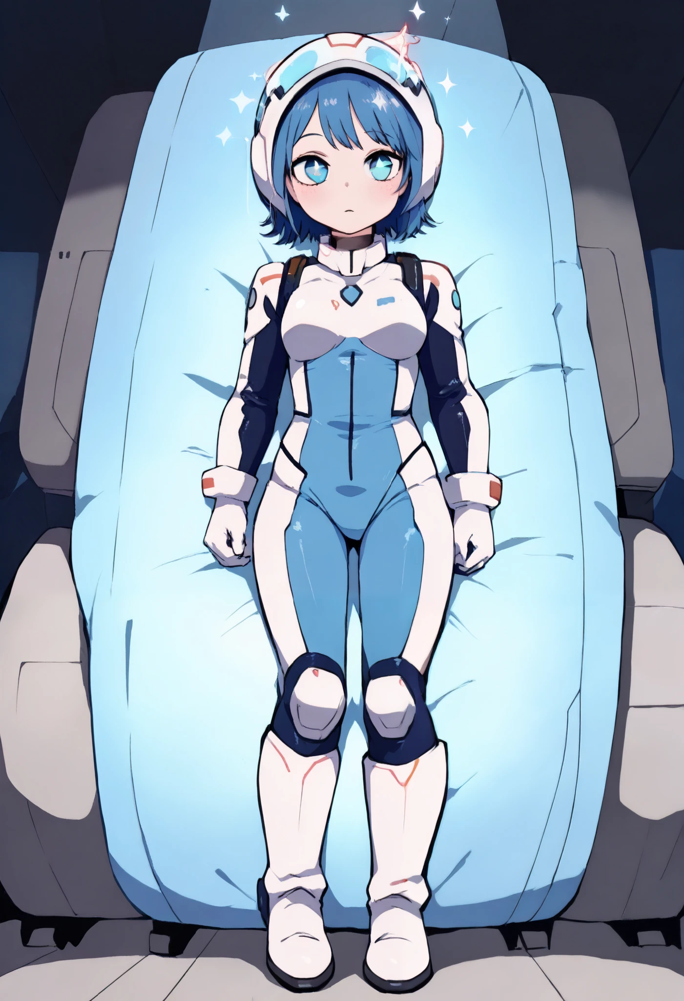 ( Masterpiece,  top quality,  highest resolution ,  clear_ images,  Detailed Details ): ( alone, Lonely Girl, The Face of Japan,  girl with blue hair,  shortcuts, Full body portrait,  small breasts, Sparkling blue eyes,  metallic white and blue pilot suit,  perfect clothes , Clothing that covers the entire body,  beauty,  because she's slender , Exoskeleton,  sexy pose, heroine,  full face helmet,  knee boots)