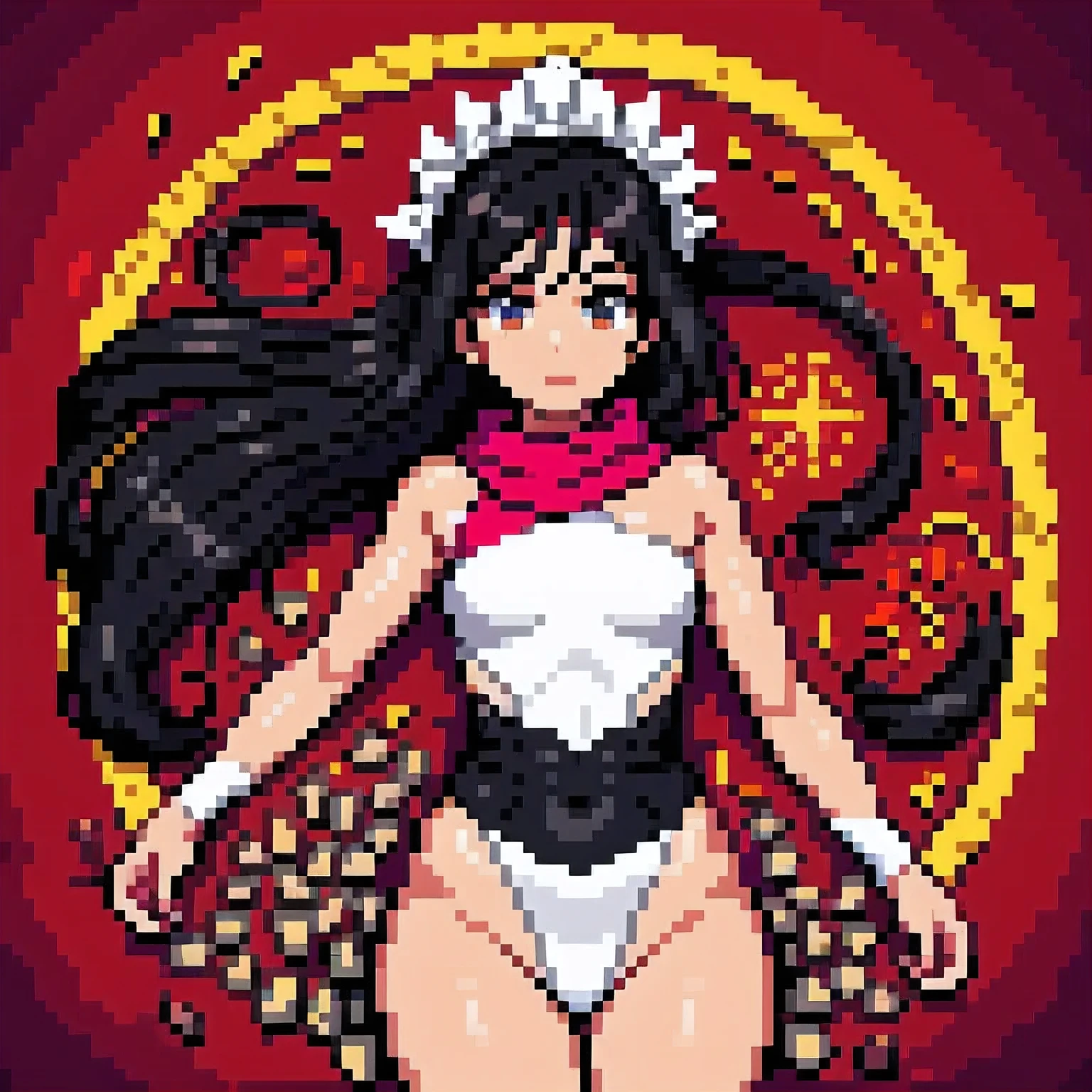 (masterpiece, top quality, best quality), pixel,pixel art,1women,small bosom,cleavage,muscle, long black hair and a white dress with red roses,full body