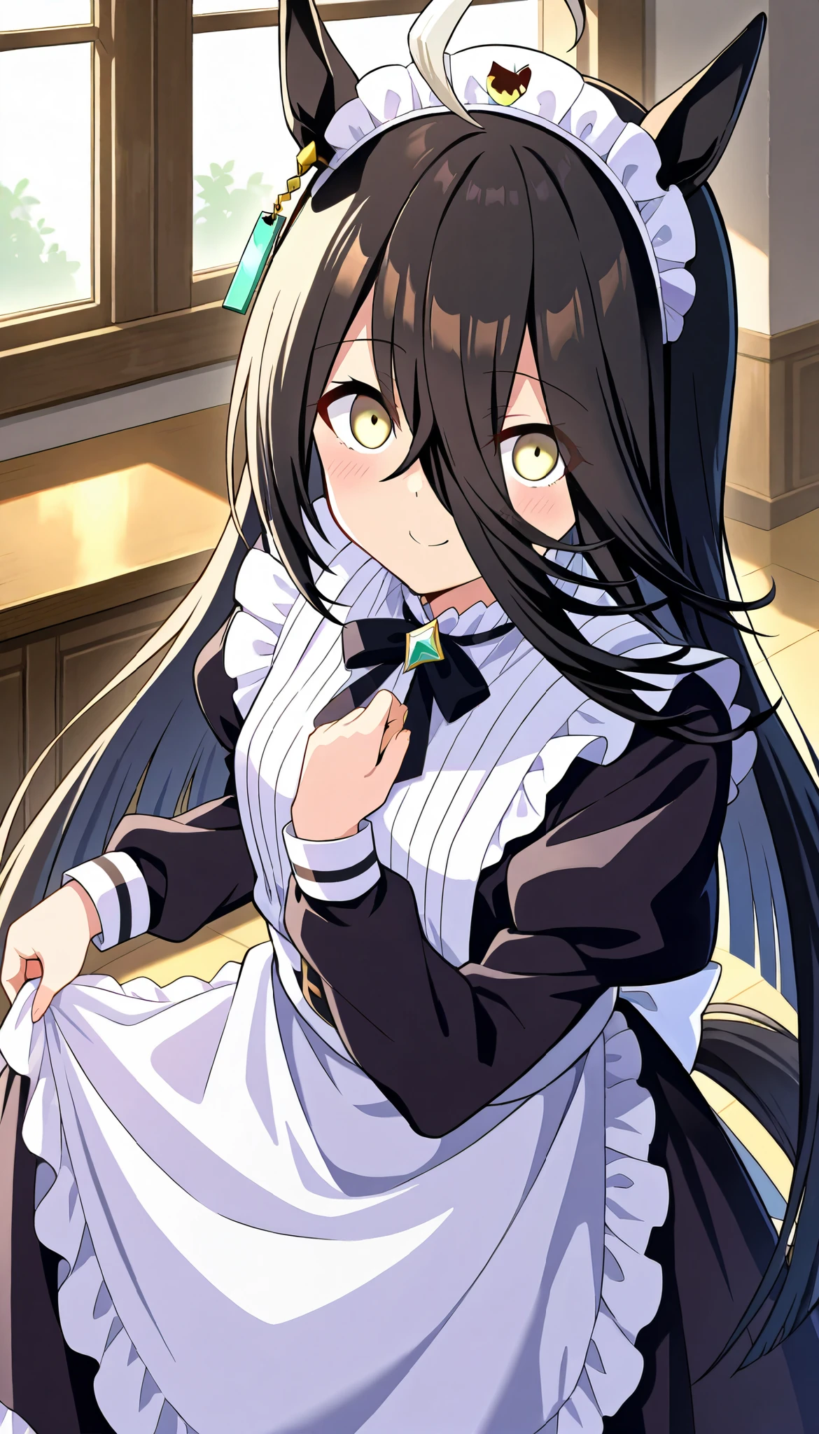 Long, slender face,manhattan cafe ( umamusume), ahoge,animal ears,,black hair,earrings,,hair between eyes, highres,horse ears,jewelry,long hair,multicolored hair,,yellow eyes,, ,horse girl,, horse tail,tail,,,, very long hair,,eyebrows visible through hair,eyes visible through hair,small breasts,score_9, score_8_up , score_7_up , source_anime, 1girl ,maid, maid apron, maid headdress, puffy sleeves,Liftup skirt, smiles