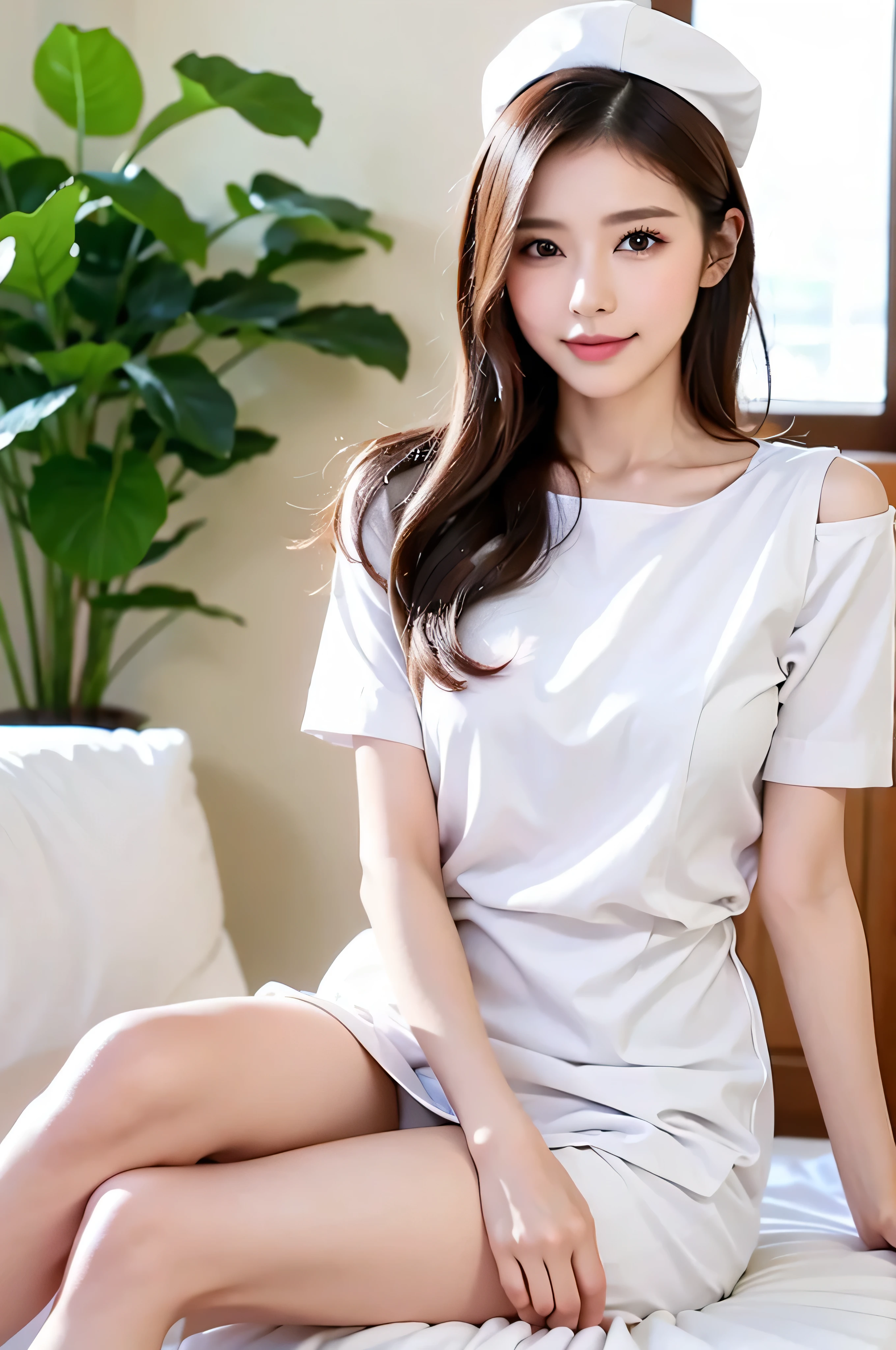 Create an image of a nurse in a white uniform sitting next to a hospital bed,s legs、show white panties,sexy girl, prepare for injection. Captures detailed features of nurse uniforms, The crisp white fabric stands out, mini skirt ,her facial expression indicates intensive care.brunette tousled hair:1.3、laughter、open your legs