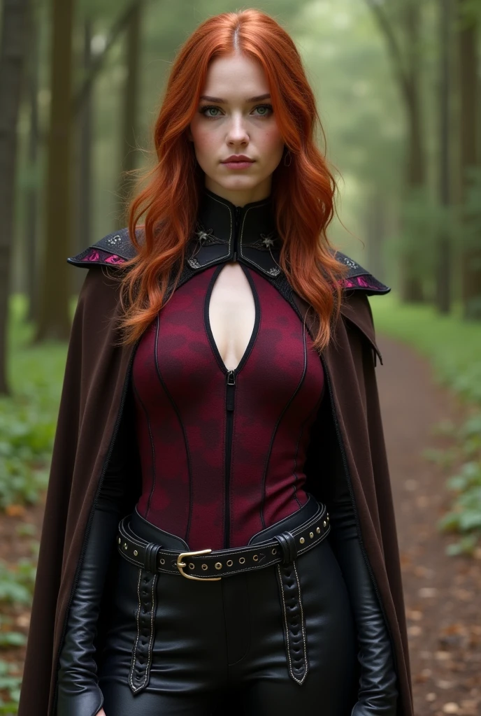 (Simone Simons:0.8), age 20, sly smile, redhead, blue eyes, succubuage wearing leather crop-top and comeltoe boyshorts with red haired bush, showing her hourglass curves of slim waist and broad hips, exposing bare midriff, and a mage's cloak blowing open in the wind, UHD photo-realistic