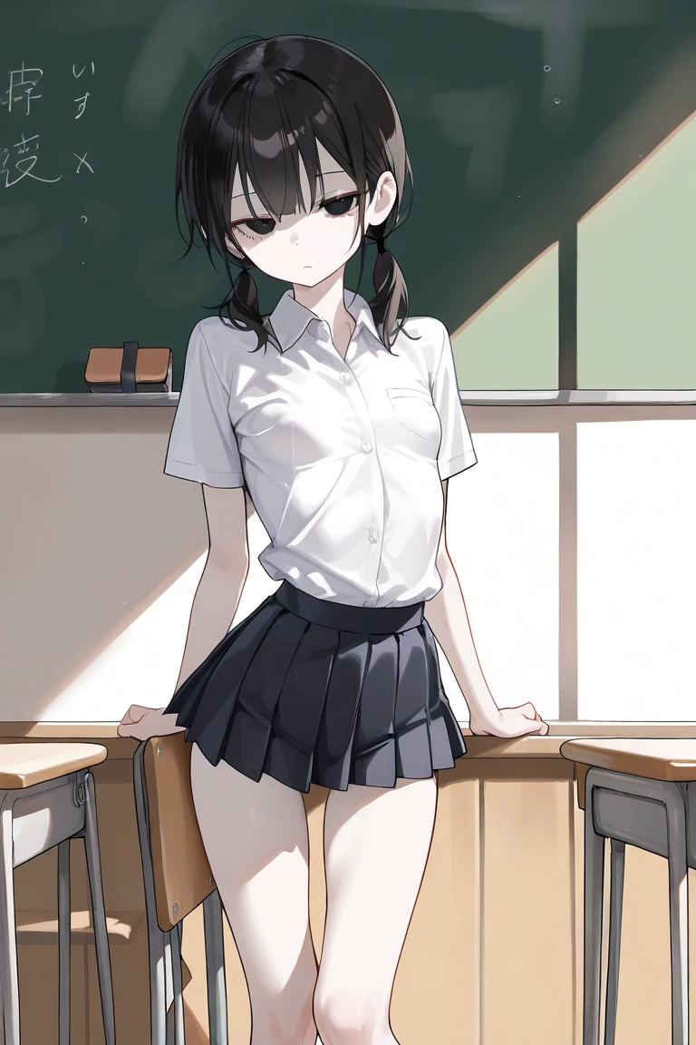 Woman in classroom, ((white crop top button shirt)), teacher, open navel, open belly, teacher, pointer stick, books , blackboard , teaching
