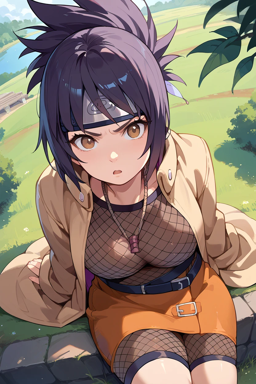 Best Quality,Masterpiece,high resolution,absurdities,The newest one,classification: general, (hinata, 1 girl, Hyuuga Hinata, purple eyes,white eyes, blunt bangs),fishnet pantyhose, street, (evening,evening sky),medium breasts,pussy, Breasts, NSFW, naked, legs open, legs apart, separating the vulva
