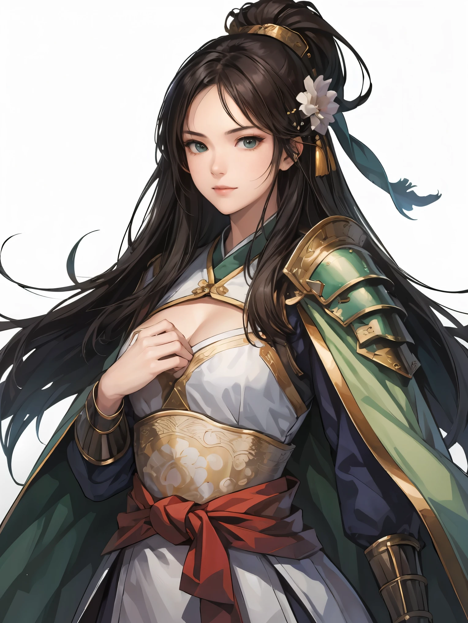 Anime girl with long hair and a green cape holding a sword - SeaArt AI