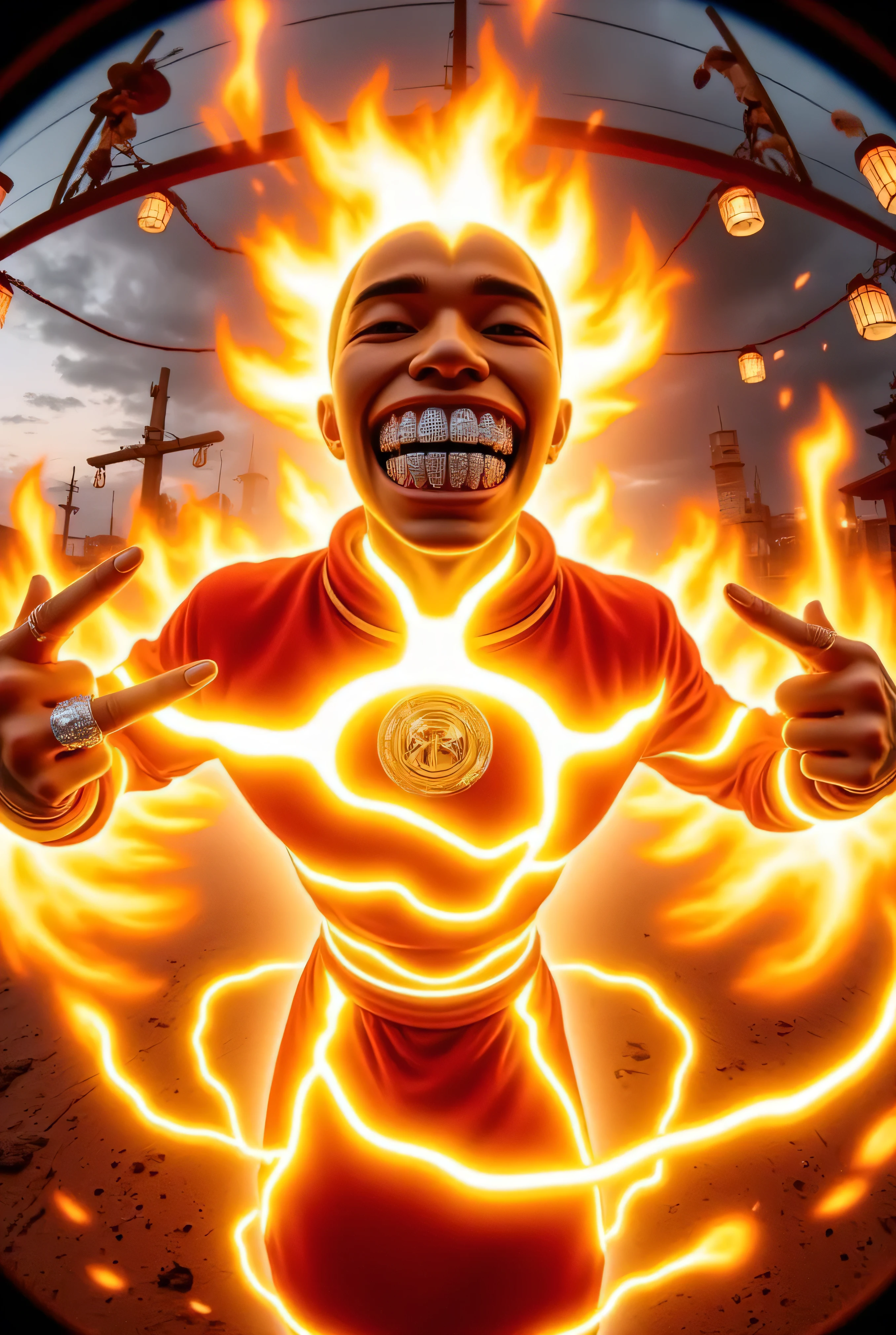 gr!llz, in the style of Jed-clrfl , 3DMM, character enveloped as Aang from The Last of the Airbender in intense thick colored energy. Their face is obscured by the overwhelming thick glow::7.2 , large anime energy aura size 6 inches from body emphasizing the sheer power they are unleashing::6.4 .smiling into the camera, fish eye lens realistic photograph with a wide smile, its teeth are encrusted with shiny platinum diamonds. 