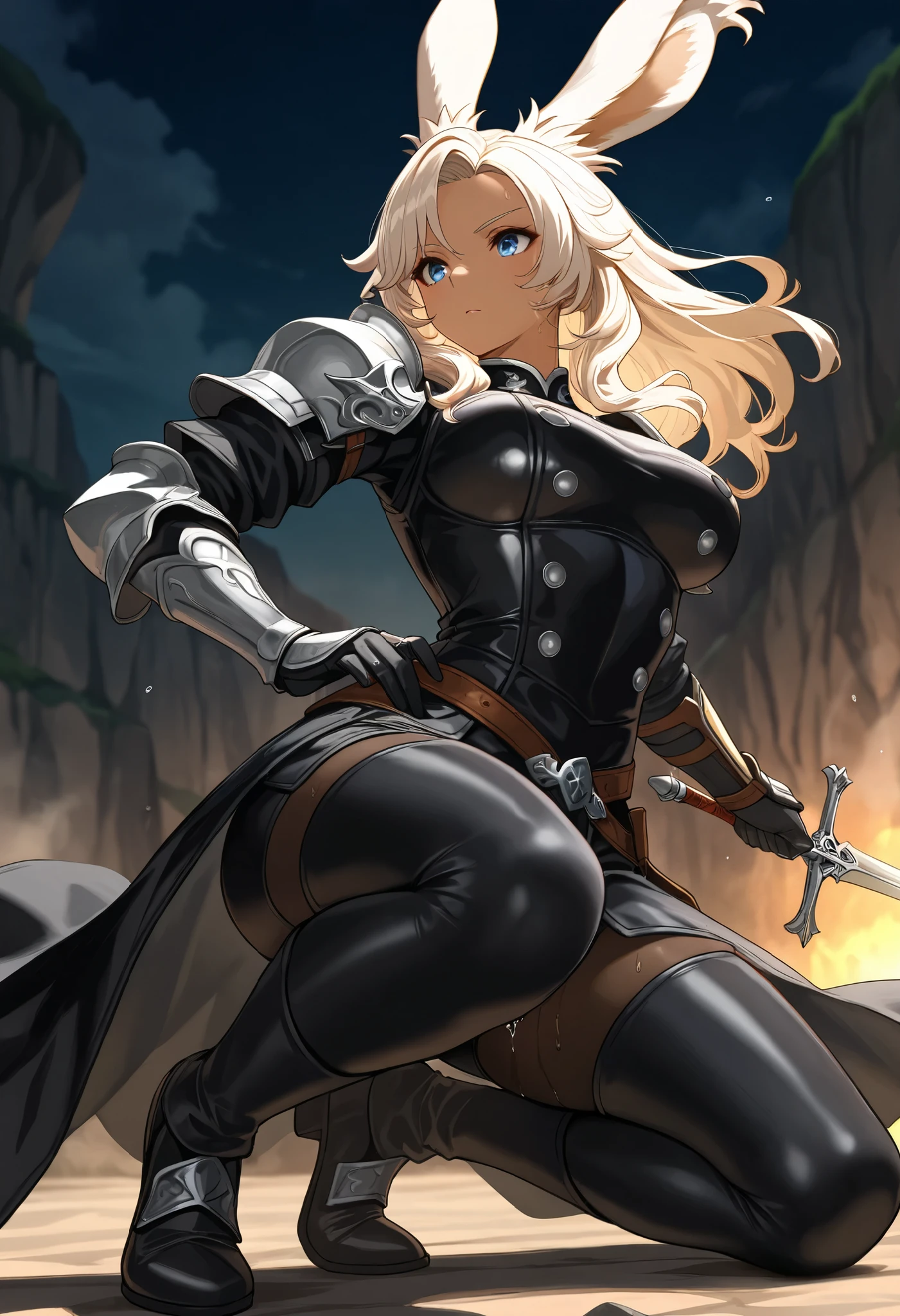 Deep V one-piece swimsuit,pointy ears,Long beige hair,Transparent coat,one-girl,Bigboobs,Siamese black silk,Over-the-knee boots,sword