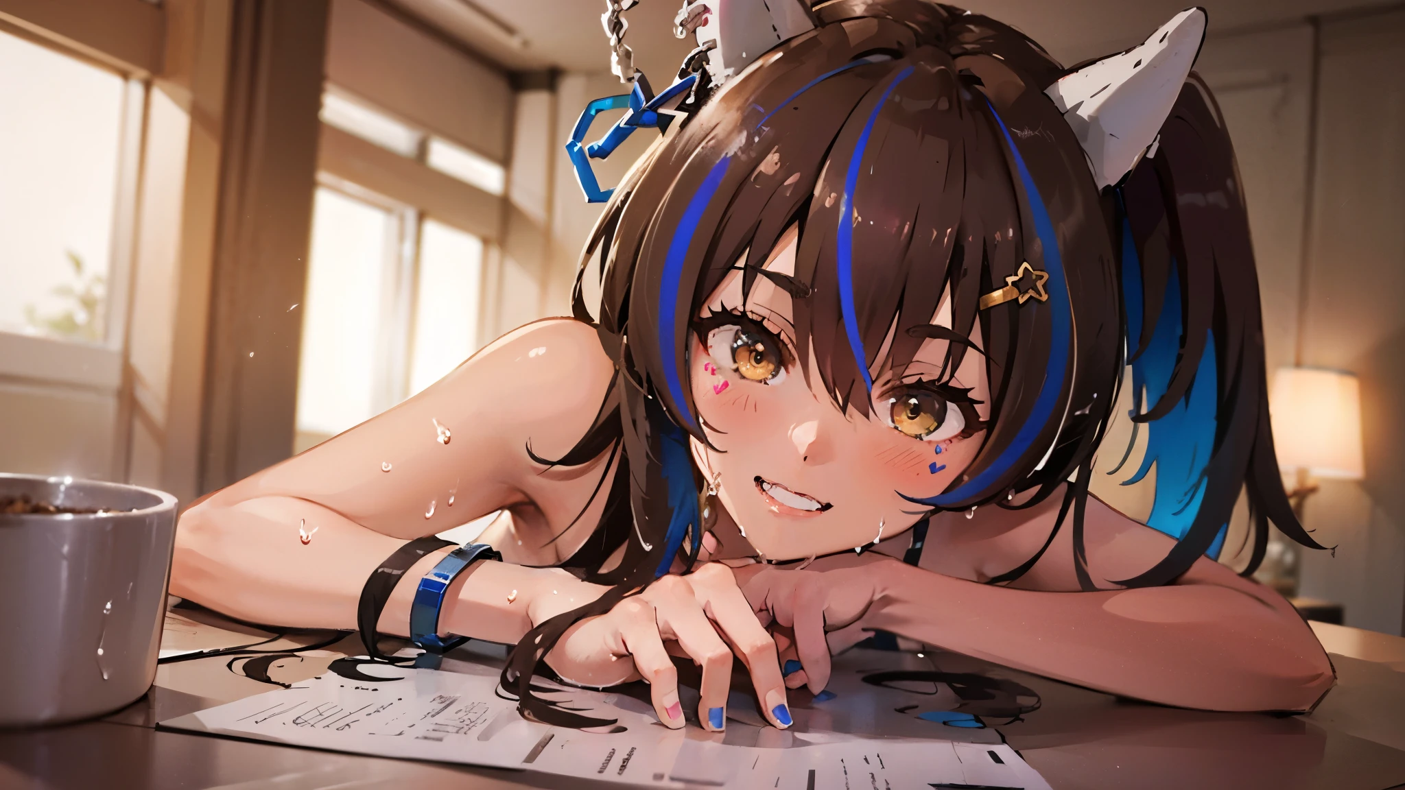 ((8k, 16k, highest quality, masterpiece, very detailed, super detailed, official art, realistic anatomy)), semi-realistic illustration:0.3, 1 girl, NSFW, pretty girl, ((:1.3)), (shining eyes:1.2, highlight eyes), (beautiful eyes, perfect eyes, upward facing eyes), daitaku helios \(umamusume\), (brown horse tail, brown horse ears, brown hair), (small breasts), beautiful face, blush:1.2, (((looking at the viewer))), ((naked, see-through:1.2)), (((cute smile:1.2))), (((spreading legs, sexy pose, female masturbation, squirting))), (((in the bedroom, dramatic lighting))), skinny, (close up, dynamic angle), young body, wet skin, (soft warm lighting, Natural light in summer), ((detailed background))