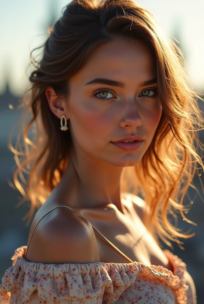 ((best quality)), ((masterpiece)), (detailed), 8k, raw photo, bond woman, low cut dress, glamour shot, cinematic, european city, renatadaninsky