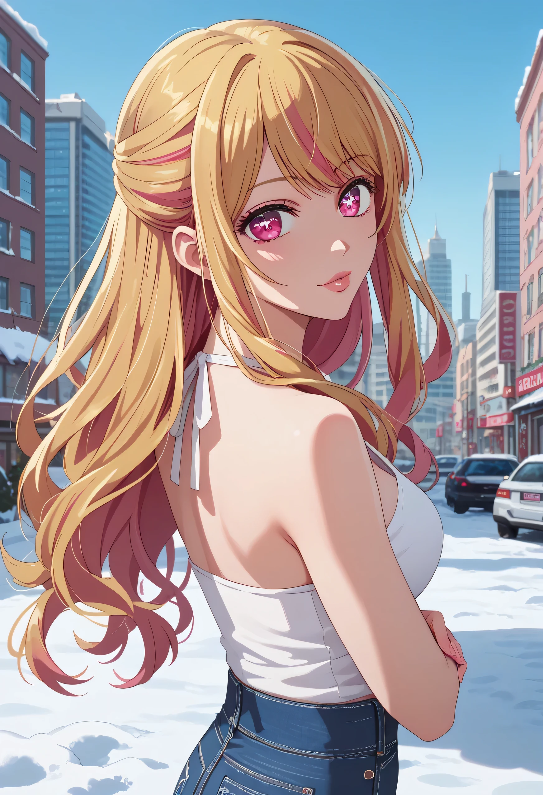 masterpiece, best quality, highly detailed, ultra high res, 1girl, solo, ruby hoshino, long hair, bangs, blonde hair, pink eyes, sidelocks, symbol-shaped pupils, multicolored hair, two-tone hair,, glossy lips, full lips, city, winter, snow, halter top, jeans, looking back at viewer