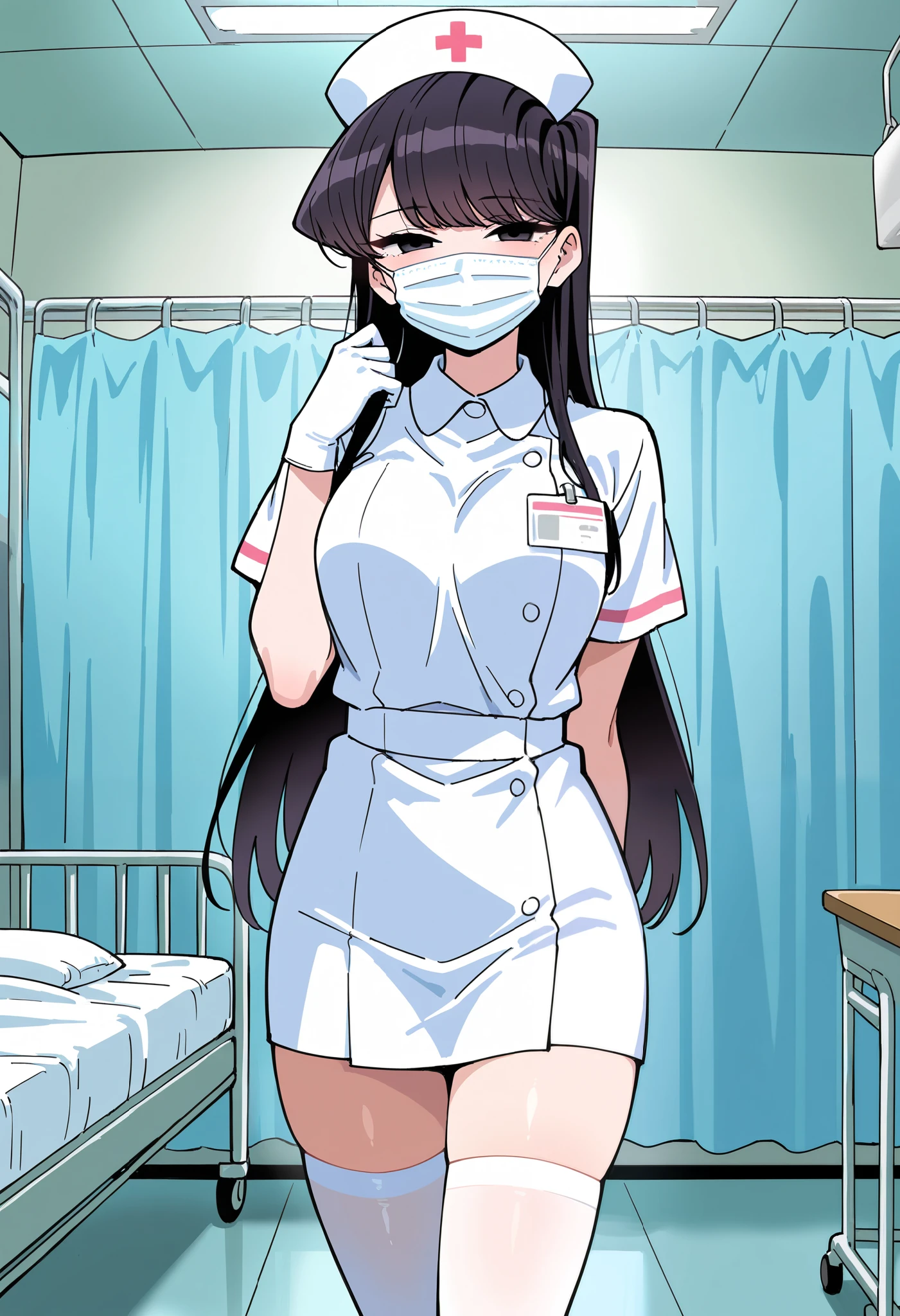 1 female, alone, nurse, nurse cap, Whiteware, ((white legwear, zettai ryouiki)), white gloves, long hair, purple hair, red eyes, ((white surgical mask, Covered nose)), Are standing, ((hospital room)), sharp outline, short sleeve, mature woman, 35 years old, highest quality, masterpiece