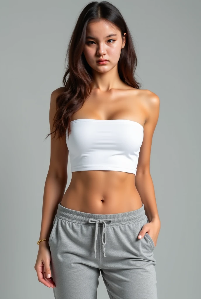 a woman in a white shirt and gray cargo pants posing for a photo, corte superior, corte superior, barriga exposta, physicist : a menor barriga de todos os tempos, wearing corte superior, usando um top cropped sexy, a menor barriga de todos os tempos, apenas barriga, vestindo um top cortado, camisa apertada, peito achatado, vestindo um top cortados