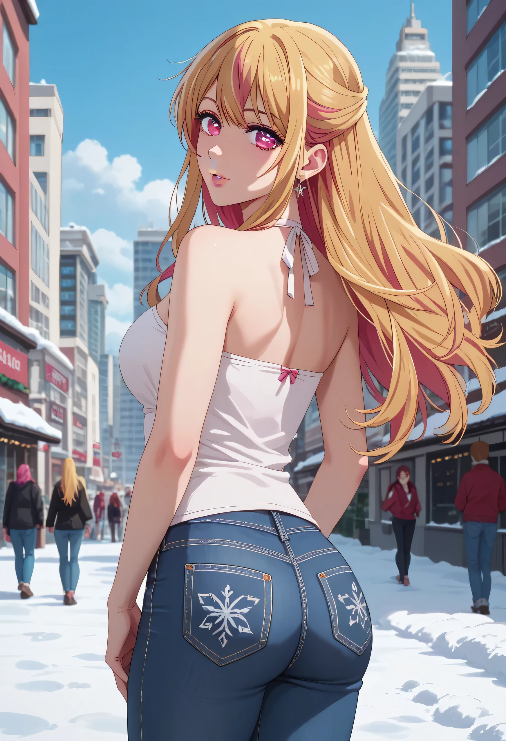 masterpiece, best quality, highly detailed, ultra high res, 1girl, solo, ruby hoshino, long hair, bangs, blonde hair, pink eyes, sidelocks, symbol-shaped pupils, multicolored hair, two-tone hair,, glossy lips, full lips, city, winter, snow, halter top, jeans, looking back at viewer, full body shot,
