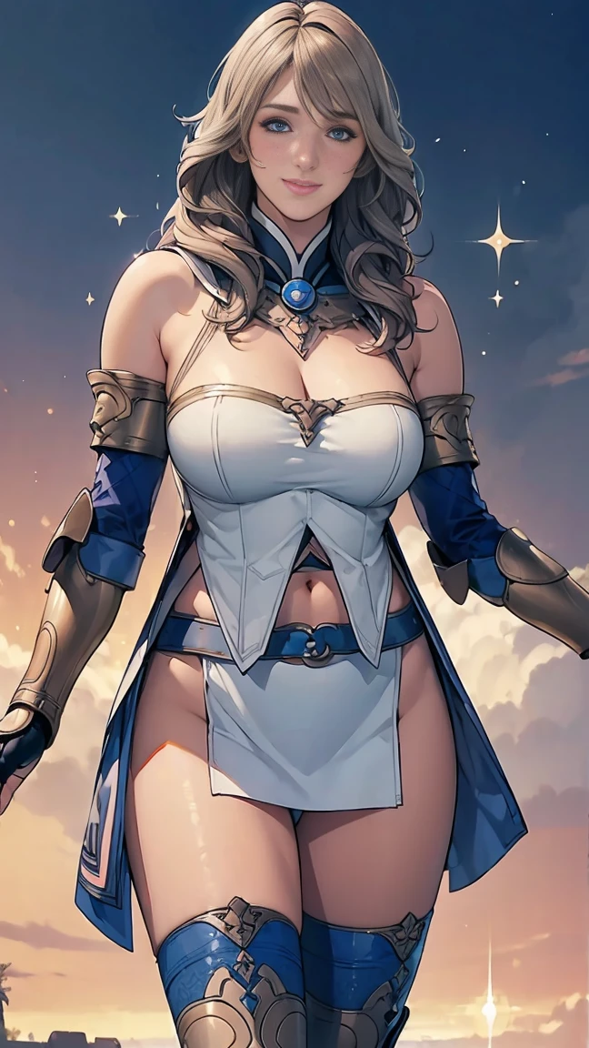Browsing Caution,Sensual, Long blonde hair, Thick thighs, 8K, 4K, Highest quality, (High resolution:1.6), Cute anime face, Noise Reduction, (Sparkling Blue Eyes, A kind smile:1.3, Kind eyes:1.3)、Toned Abs, Muscular arms, Muscular legs, Young Face, Anime Eyes, Sophitia Alexandra、(Sword in right hand:1.5)、(Equipped with a shield on the left arm:1.5)、(SFW Giant:1.9)、(Beautiful Nose:1.5)、Long tights、Knee-high boots、(garter belt:1.5)、Beautiful Hands、Beautiful fingers、(High cut thong:1.5)