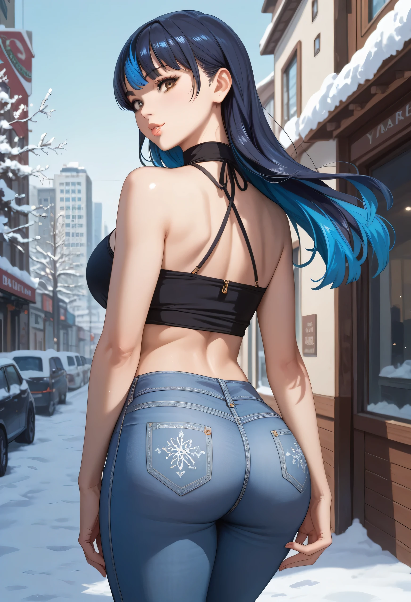 masterpiece, best quality, highly detailed, ultra high res, 1girl, solo, Yamada_Anna, long hair, bangs, dark blue hair, brown eyes, sidelocks, multicolored hair, two-tone hair,, glossy lips, full lips, city, winter, snow, halter top, jeans, looking back at viewer,