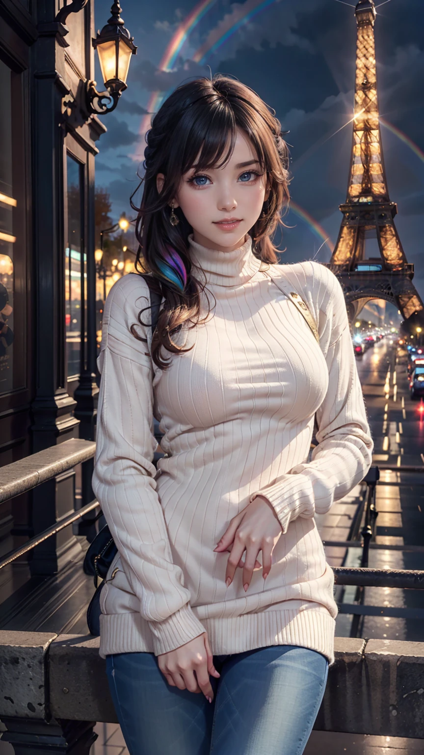 (Masterpiece, Best quality), beautiful woman, Detailed turtleneck top with sleeves, pantalon, collier, cheveux, Curly perfect face, beau visage, Attirant, De grands yeux magnifiques, ouvrir bouche, content, Corps slim fit parfait, (outdoor), Rues de la ville, New York, couleurs brune