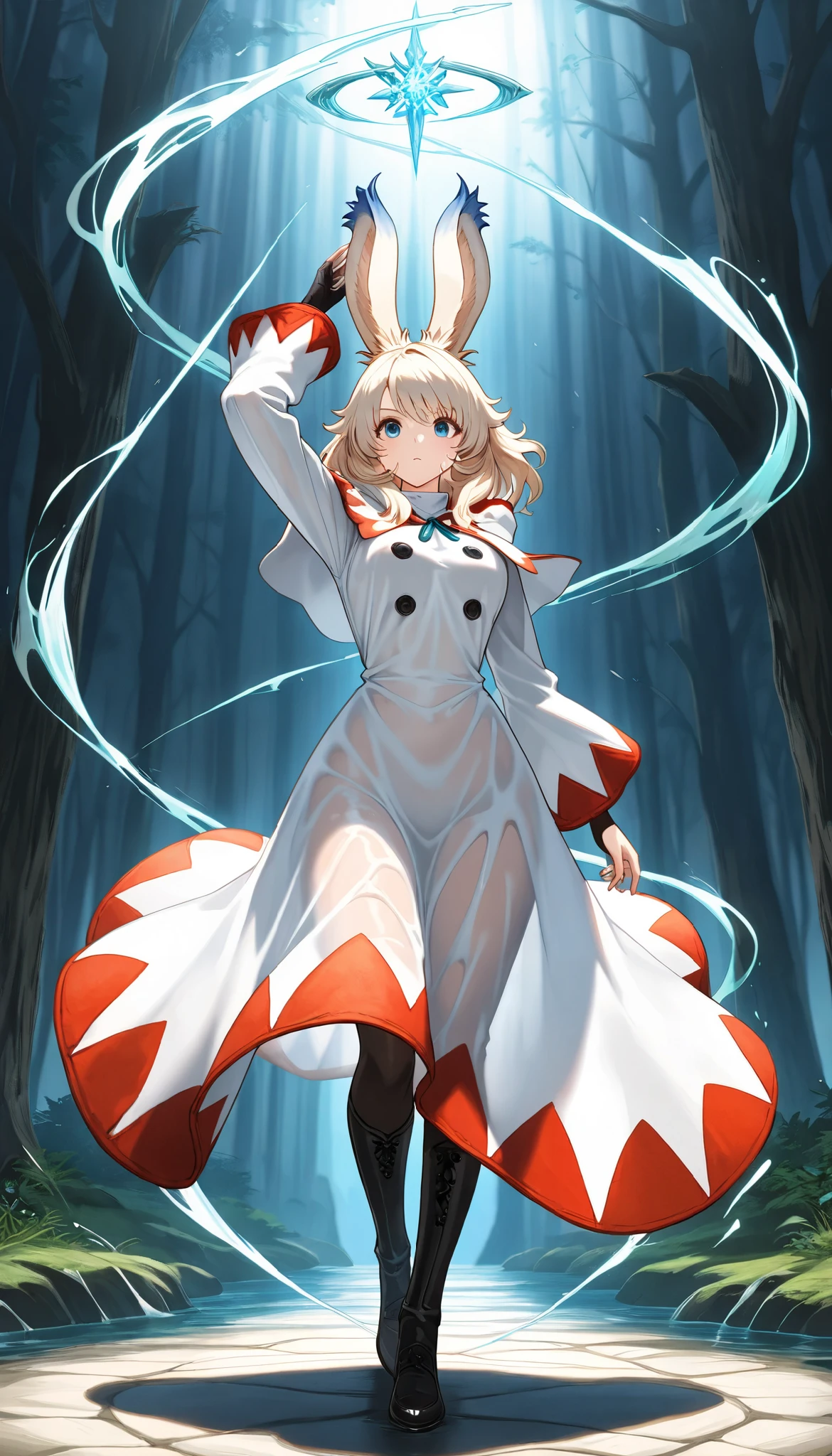 (((( Masterpiece)))), (((( top quality)))), high resolution,fine grain, detailed face, Depiction of a face expressed down to the smallest detail, Detailed Eyes 、Detailed faces、Hair drawn down to the smallest detail , wet,viera, White Mage, White Mageの複雑な構造の白いロングドレス, transparent dress, action, big breasted with a cross eye, Magic chant, full body shot