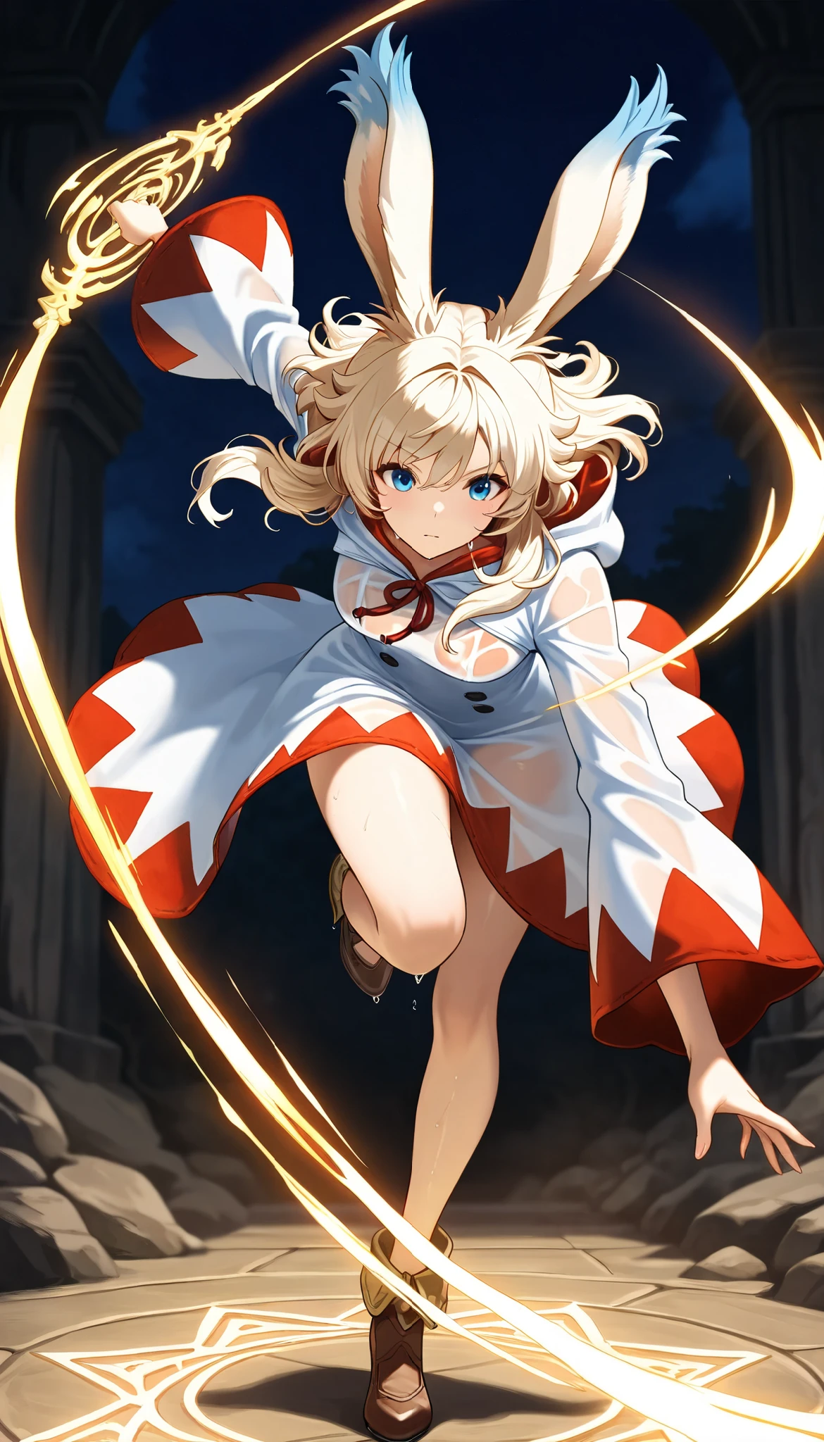 looking at viewer, standing, arms up, (from side:1.1), full body, looking at viewer, against the wind, dutch angle, from above, 
deep dark
nigh time, ice and fire
 <lora:Whitemage:.8> dr24whitemage,  
 <lora:olivia_asobiasobase:0.6> olivia_asobiasobase, blonde_hair, long_hair, blue_eyes, hood up, thighhighs, dress