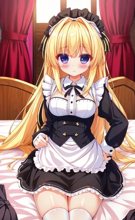 Beautiful long blonde　Girl in black maid outfit　Long sleeve　Shyness 　Tears overflow from my eyes　Spread your legs　On the bed　Cowgirl　One boy　One girl　penis