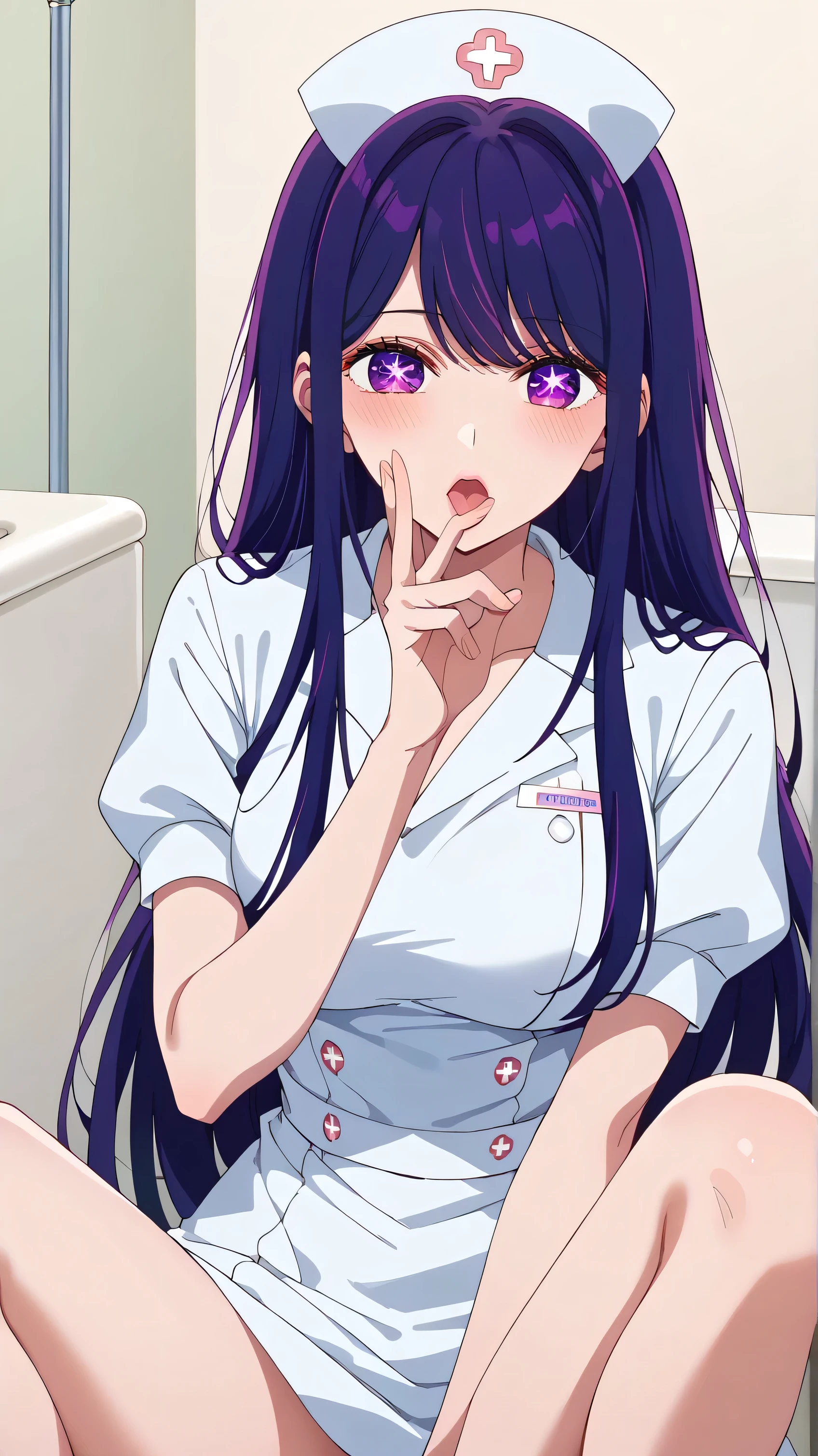 There is one woman, score_9, score_8_ up, score_7_ up, source_Anime,Masterpiece, best quality , beautiful detailed eyes, beautifully detailed lips , highly detailed eyes and faces, female, (ai hoshino, long hair, bangs, purple eyes, purple hair, symbol-shaped pupils), smiles, nurse, Nurse uniform、 Thin Waist , stylish body , Nurse with straight long bangs 、 straight bangs、 Smooth Straight Hair、((Hospital bathroom 、Male Patient Assistance )), Nurse uniform、 embarrassed expression, break, 、((Sitting on the toilet seat and spreading her legs 、Fellatio gestures、 has her mouth wide open))