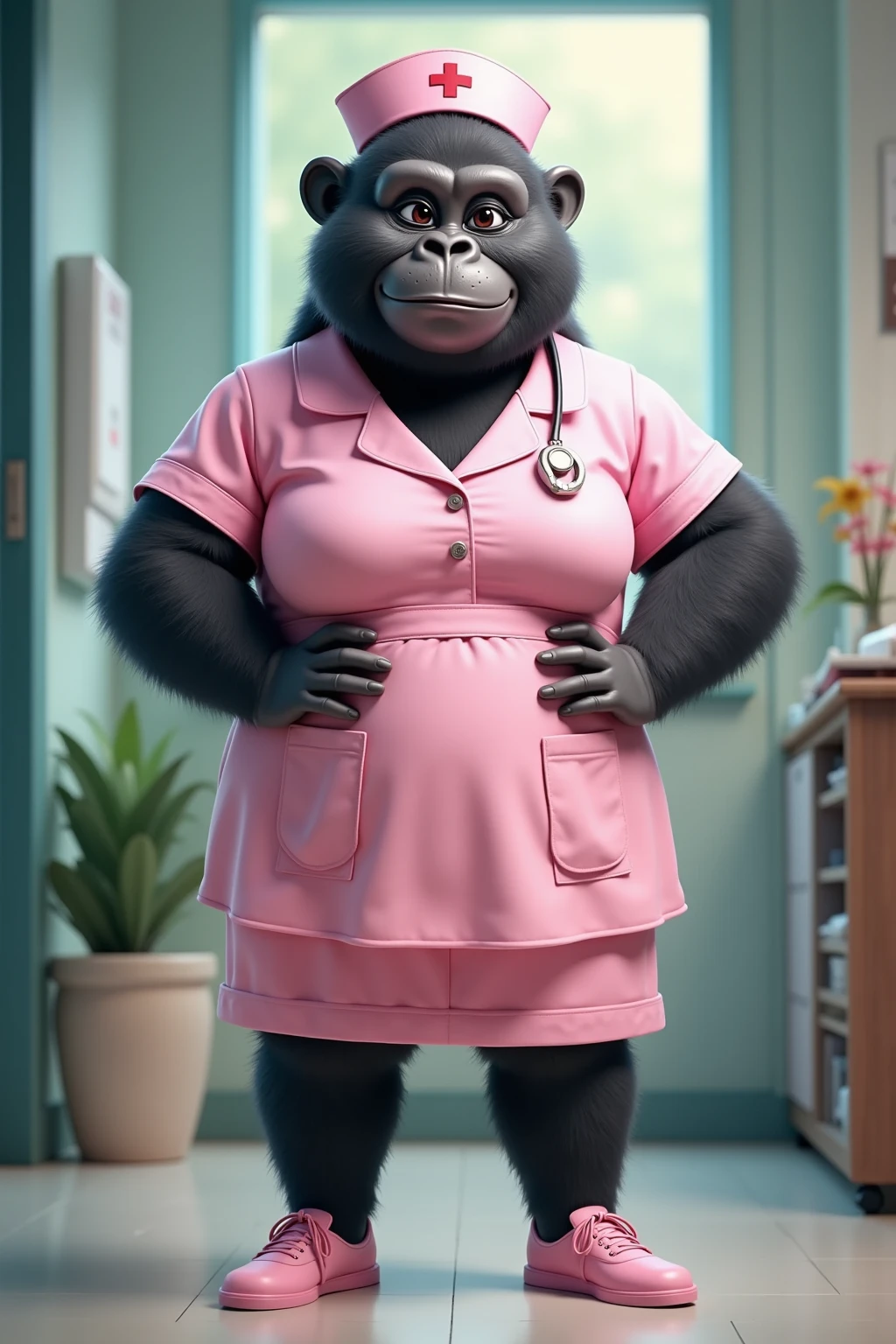 photorealistic portrait of Dressed animals - a ((fat)) gorilla nurse,(elegant pose:1.2),(hands in pockets:1.5), (elegant smile:1.2),high quality,(lovely) ,intricate details, highly detailed (( pink nurse costume)), wearing nurse cap and skirt , highly detailed medical equipment , (happy), perfect room lighting,(full body image:1.5),(hospital background:2.0)