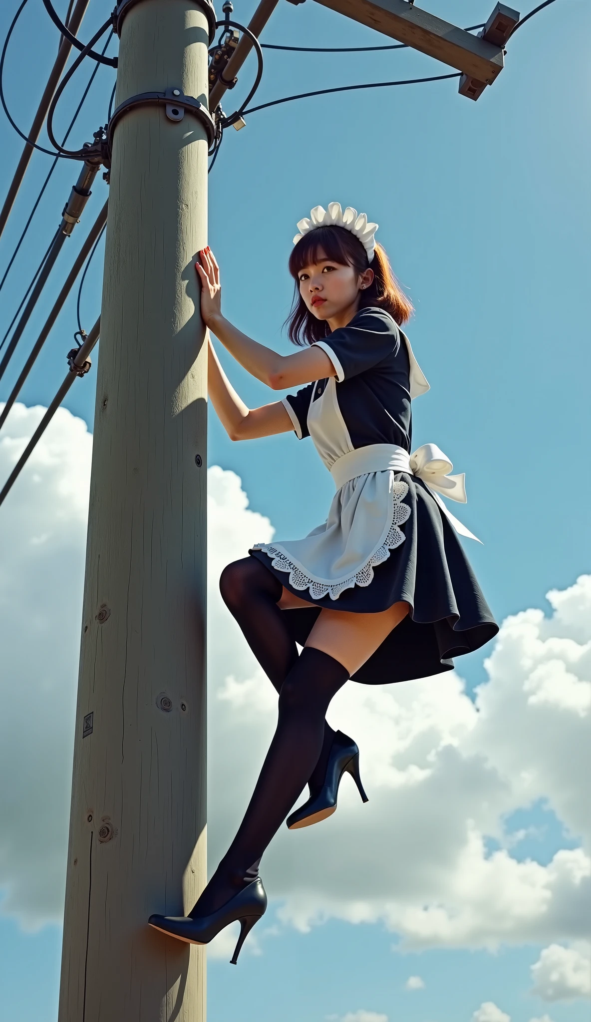 A beautiful young Japanese woman has brown hair and is doing construction on a telephone pole,   wearing high heels and  knee-high tights in maid clothes,   woman with a barcode tag on her arm  , ,  in the spaceship storage room ,   don't look real , realistic skin,  high resolutionの画像, 4K,  high resolution,  complicated details,  Masterpiece