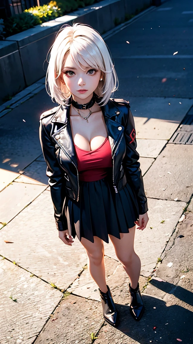 (photorealistic:1.6),(High resolution:1.6),(solo, one girl:1.5),(cute girl),(Japanese:1.3),(big beady eyes),(platinum blonde hair:1.3),(short mini bob hairstyle:1.1),(sweet smelling girl),chuuChloe,(Bangs Bangs:1.3),(Shy smile:1.5),(glimpse panties),(Lifted Skirt:1.5),(Girl showing panties:1.4),(choker:1.2),(studded leather wristband:1.1),(lace),(ribbon),(Mini Thong:1.3),(punk style clothes),(graffiti on wall),(Heavy eye makeup),(girls who like punk rock),(Plaid skirt),(punk rock T shirt:1.3),(Gothic Lolita:1.3),(Front lighting),(Brightened up photo),(Flat chest),(Leather Punk Jacket)
