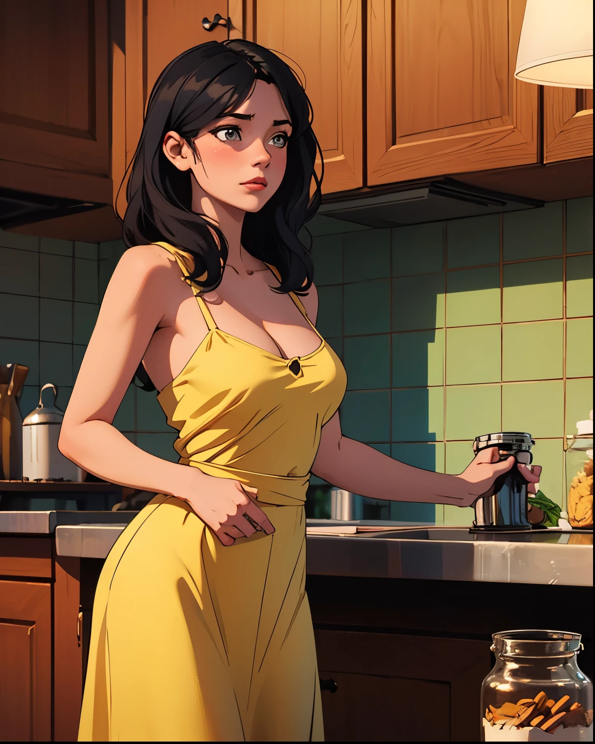 (masterpiece), best quality, 1 woman, kitchen, black hair , holding a jar, tight dress, yellow sundress, cleavage, shy, standing, evening , dim lights , blushing , black long hair, hd 4k, intricately detailed, breasts, looking at camera,