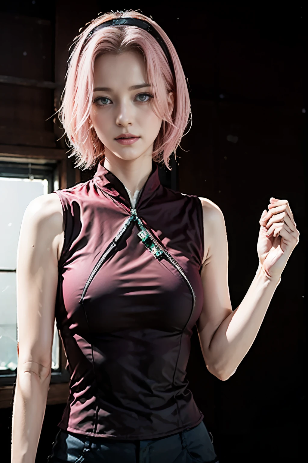 (8K, top-quality, masterpiece:1,2), (reallistic, Photorealsitic:1.37), Super Detail, One girl,), (Highly detailed), (beautifully detailed eyes), (of the highest quality), (super detailed ), (masterpiece), (Detailed face),20yr old, ,1 girl, ((pink hair,Very short hair)), medium breasts, clothed, Perfect Lighting, BREAK (emerald green bodysuit:1.4), (gold embroidery on chest and waist:1.3), (lace panel with emerald green and gold thread:1.3), black tights, black high heel boots, silver choker necklace, BRAKE bangs on left side, right ear tucked behind hair, earring on right ear, cool and sharp eyes, slightly upturned mouth, confident and challenging expression, right hand on waist, left hand crossed in front of chest, right leg forward, left leg backward, straight back, chest out, facing camera, dark hallway or warehouse, wires and pipes on wall, door or window behind subject, strong light on face and chest, rest in shadow, light color white or blue, high contrast between light and shadow
