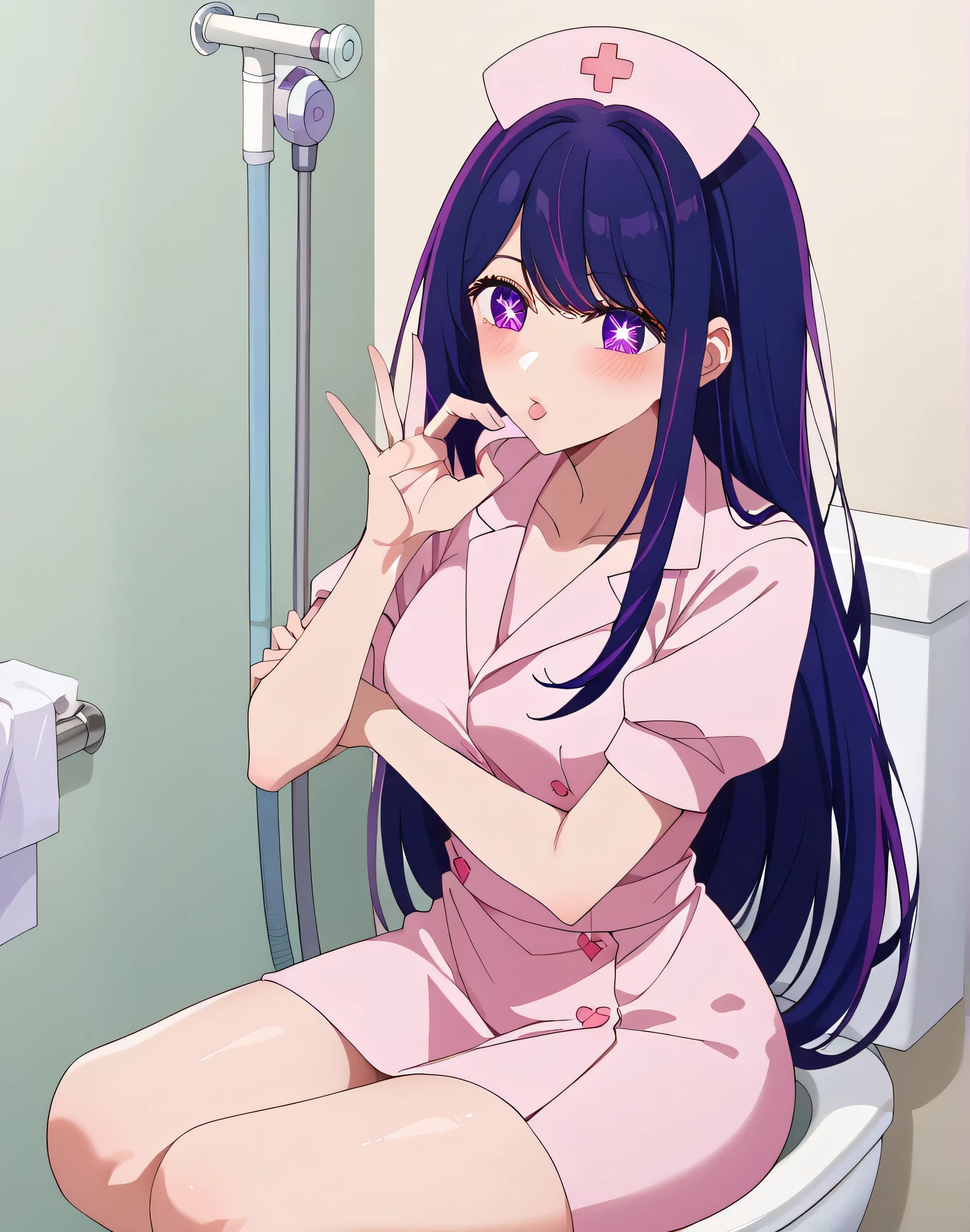 There is one woman, score_9, score_8_ up, score_7_ up, source_Anime,Masterpiece, best quality , beautiful detailed eyes, beautifully detailed lips , highly detailed eyes and faces, female, (ai hoshino, long hair, bangs, purple eyes, purple hair, symbol-shaped pupils), smiles, nurse, Nurse uniform、 Thin Waist , stylish body , Nurse with straight long bangs 、 straight bangs、 Smooth Straight Hair、((Hospital bathroom 、Male Patient Assistance )), Nurse uniform、 embarrassed expression, break, 、((Sitting on the toilet seat and spreading her legs 、Fellatio gestures、 has her mouth wide open))、full body shot