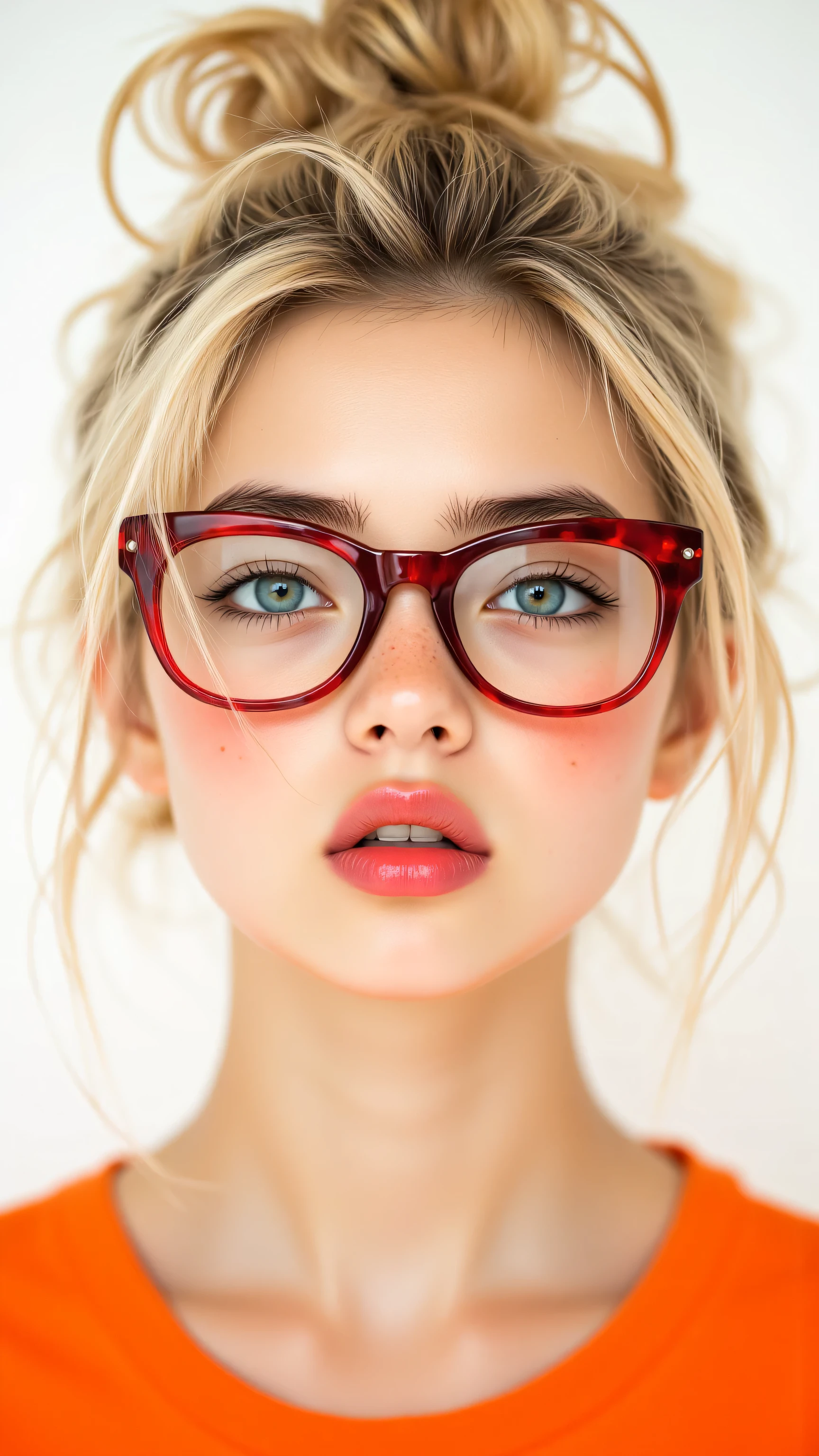 Masterpiece, Top Quality, Portrait, blonde hair, cat-eye glasses, playful expression, puckered lips, pink lipstick, orange top, white background, close-up, vibrant colors, whimsical, retro-inspired, high-contrast, studio lighting, fashion photography, trendy eyewear, youthful energy, hair messy bun, bright makeup, expressive eyes, sharp focus