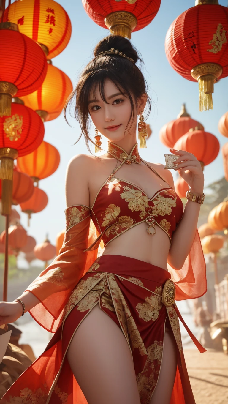 Indonesian girl is sweating and posing sexually using hijab and wearing traditional Javanese clothes, black and red shawl and has big tits on the rooftop and facing the camera and smiling sweetly
