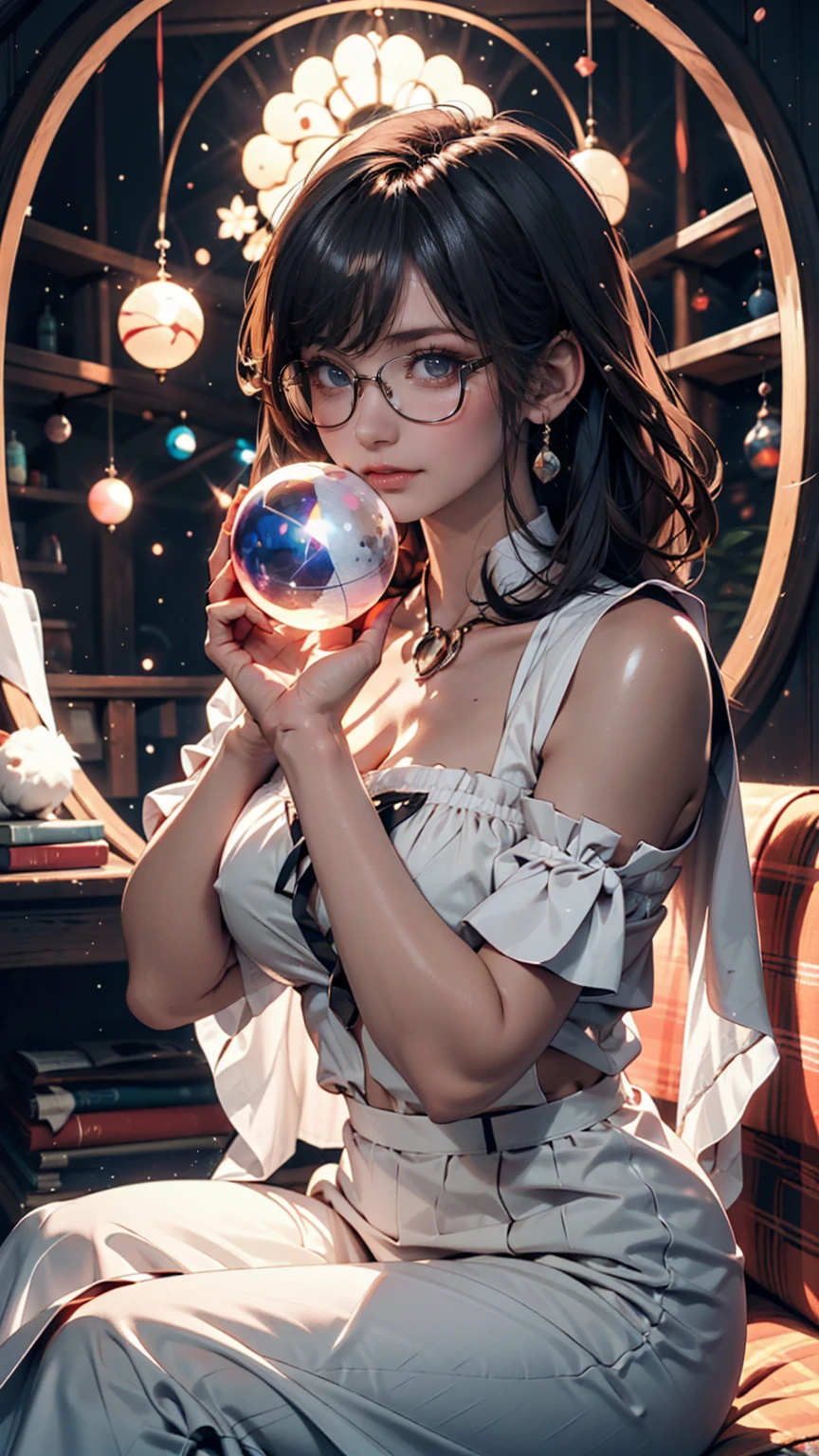 best quality, 32k, RAW photo, incredibly absurdres, extremely detailed, delicate texture, quiet and beautiful woman wearing glasses, iridescent short wolf cut that bounces and flows, amorous and lewd expression, wearing white blouse, gray skirt, superlative body proportion, put your hand between your legs, iridescent pastel colour, (wind:1.2), background fine stained glass kaleidoscope with a retro feel