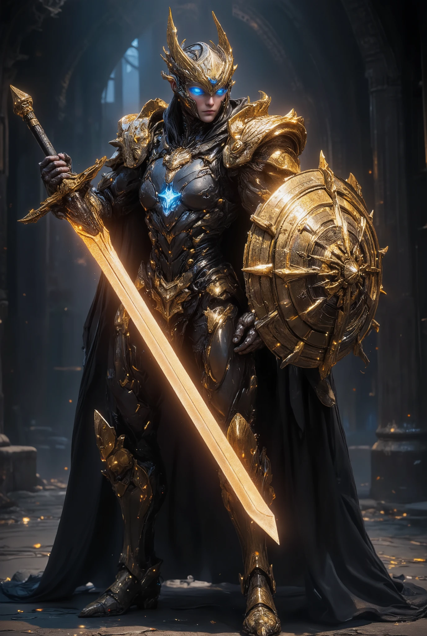 An awe-inspiring paladin wearing golden armor, wielding a sword imbued with radiant light, and holding a golden giant shield. The paladin’s blue eyes shine with determination as they navigate through the dark and mysterious cityscape. The glow of the paladin’s sword illuminates the surroundings, revealing intricate details and adding a cinematic touch to the composition. The overall aesthetic captures the beauty and depth of the scene, reminiscent of Fujifilm photography.smile