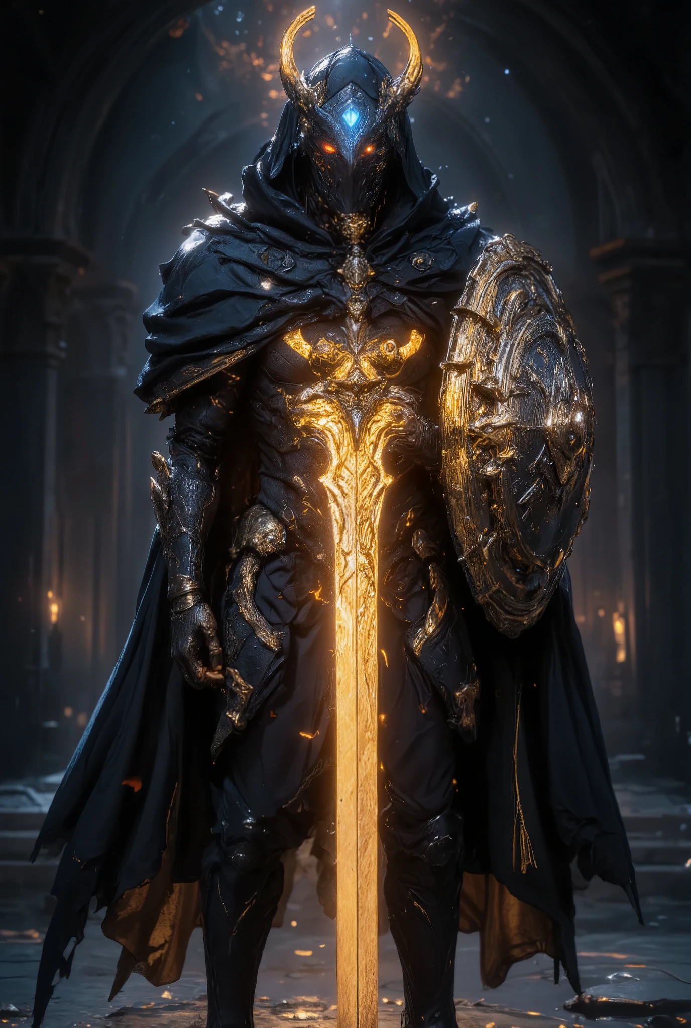 An awe-inspiring paladin wearing golden armor, wielding a sword imbued with radiant light, and holding a golden giant shield. The paladin’s blue eyes shine with determination as they navigate through the dark and mysterious cityscape. The glow of the paladin’s sword illuminates the surroundings, revealing intricate details and adding a cinematic touch to the composition. The overall aesthetic captures the beauty and depth of the scene, reminiscent of Fujifilm photography.smile
