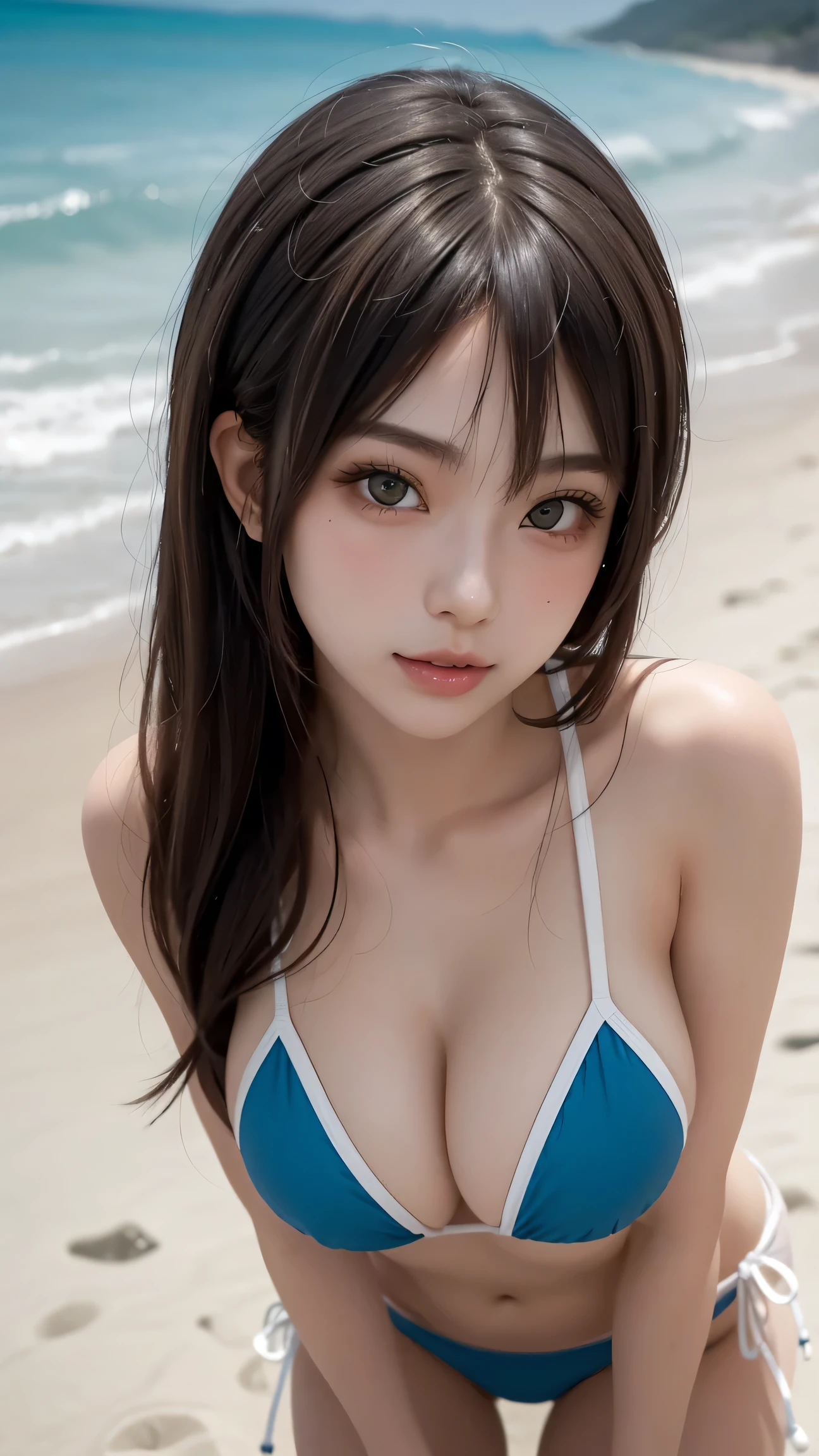 Kizi,(Natural skin texture,realistic eye details:1.2)Beautiful soft light,rim-light,vibrant detail,hyper realisitc,parfect anatomy,face muscles,ellegance,beatiful background,rendering by octane,apple style,8K,best qualtiy,tmasterpiece,illustratio,Extremely refined and beautiful, CG,Solidarity,the wallpaper, (realisticlying,realisticlying:1.2),astounding,finely detailled,tmasterpiece,best qualtiy,offcial art, Awesome, peeping at the viewer, Realistis, The whole body is in the shot, on the lap, squatt, brunette color hair, long whitr hair, Thorough, large tall, Real water, White less cloth transparent mini shirt, White transparent thong, beachside, RAWE is very detailed, ahegao, roll eyes, Be red in the face, blowing tides,very Bigger breasts,Camel toes, Grasp your breasts with both hands,Spread her legs, sexually arousing, sexual expressio, Glossy glossy skin。