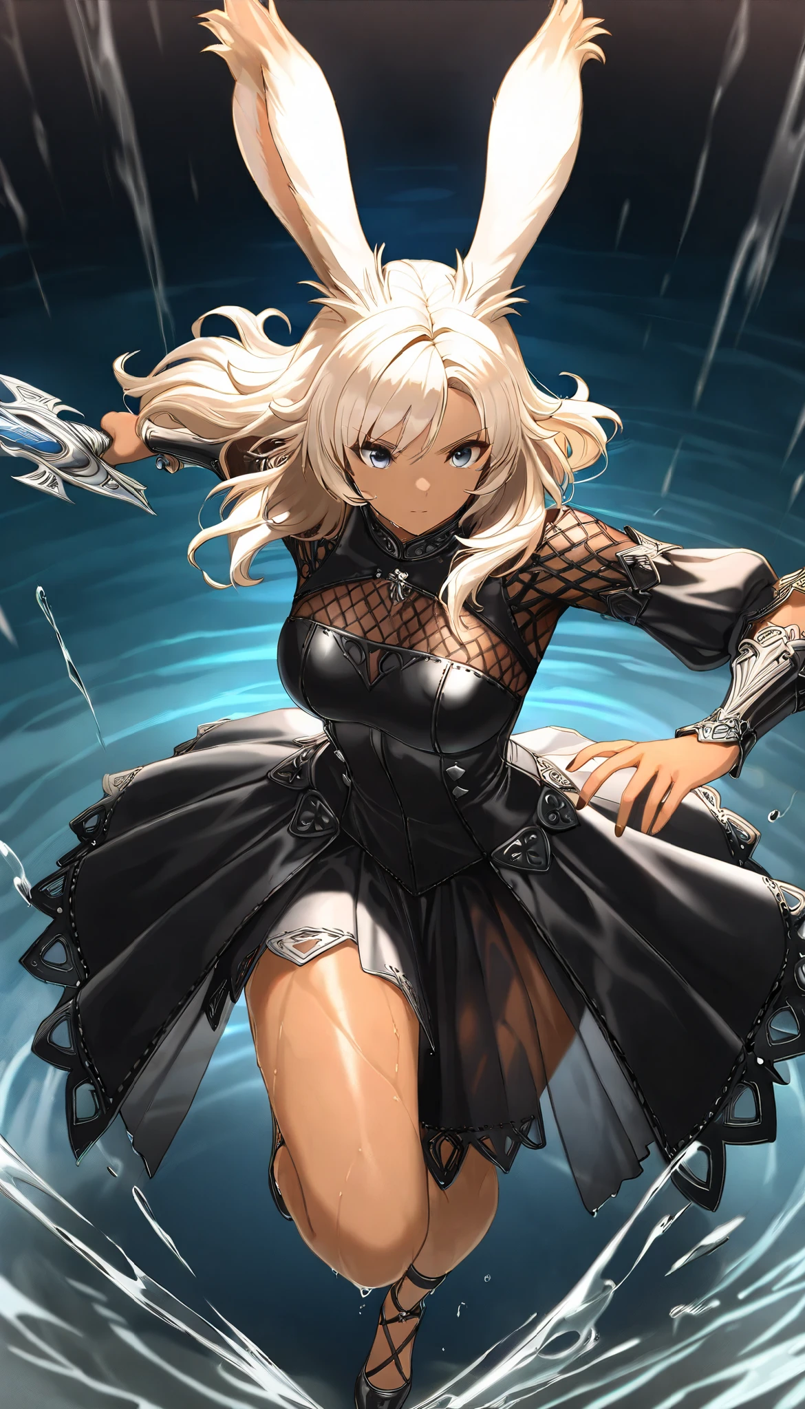 (((( Masterpiece)))), (((( top quality)))), high resolution,fine grain, detailed face, Depiction of a face expressed down to the smallest detail, Detailed Eyes 、Detailed faces、Hair drawn down to the smallest detail , wet,viera, The archer , Hunter's intricately structured dress, transparent dress, action, big breasted with a cross eye, ( holds a bow), full body shot close up
