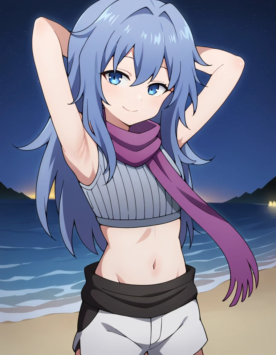 Hagi, blue eyes, blue hair, long hair, crop top, sleeveless, purple scarf, shorts, high quality, closed mouth, solo, cowboy shot, night sky, beach, arms behind head, (contrapposto), spread armpits, looking at viewer, best quality, smile