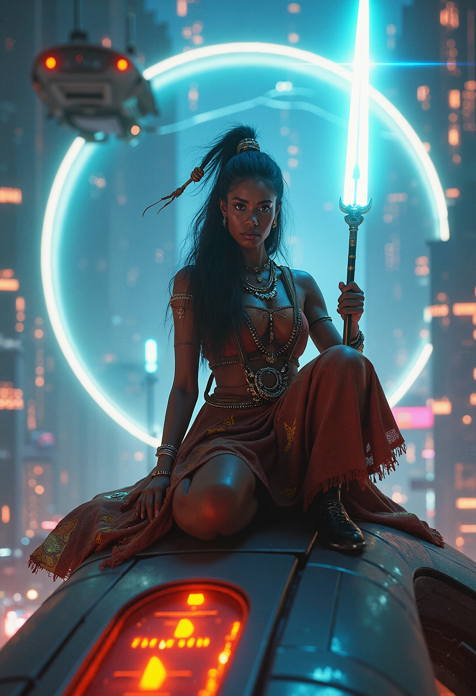 low angle shot of a beautiful black native indian woman dressed in native indian cultural clothes,  holding a hologram spear. Sitting on top of a floating neon lit futuristic African designed spaceship, white and blue atmospheric smoke in the scene, people walking through glass tunnels above her, flying cars above her in the sky, neon lit sci-fi city busy with cars and people moving. 32k, ultra HD, unreal engine rendered, hyper-realistic image, artgerm style, cinematic scene.