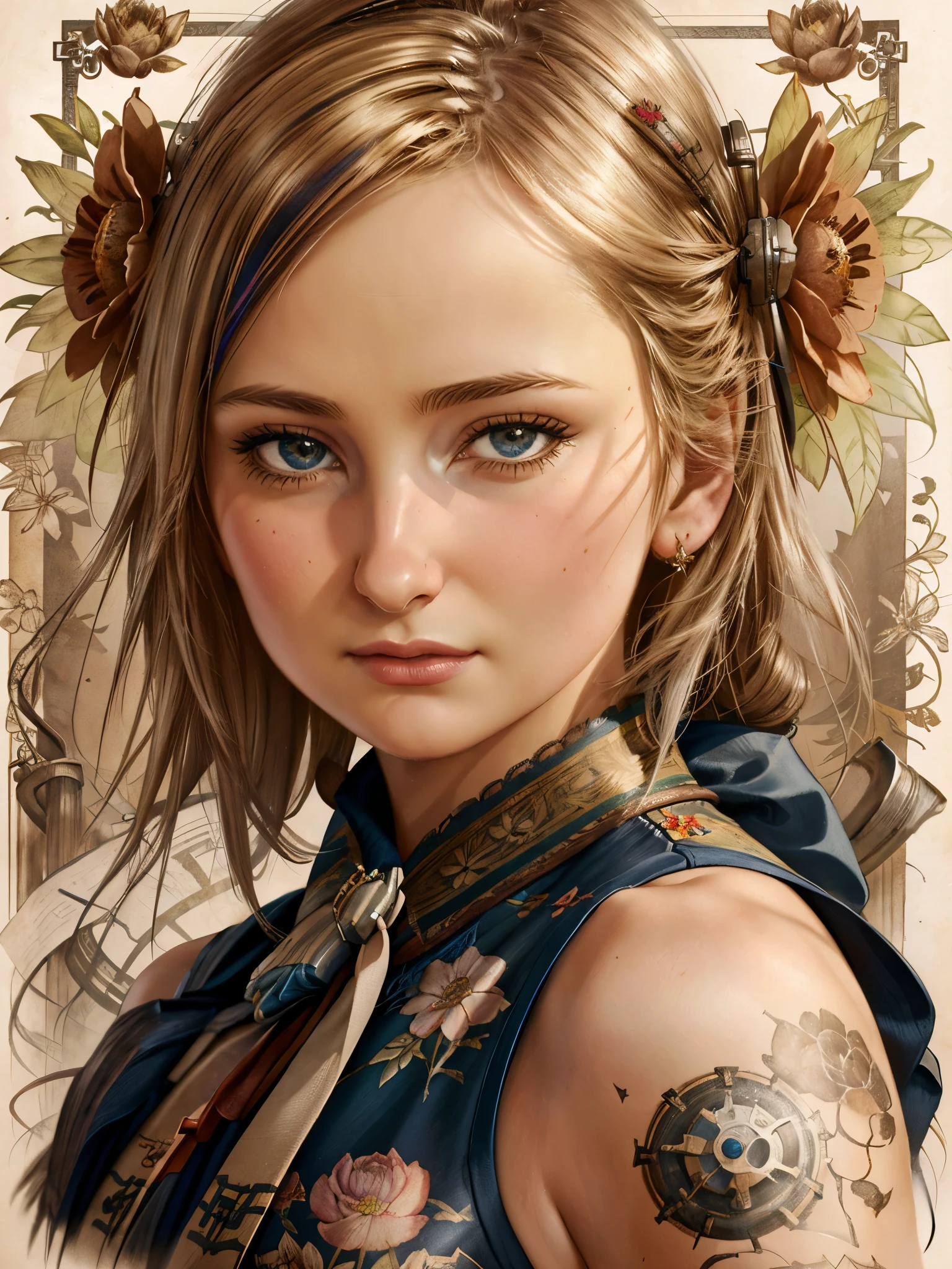 Charlie Bowater realistic Lithography sketch portrait of a woman, flowers, [gears], pipes, dieselpunk, multi-colored ribbons, old paper texture, highly detailed
