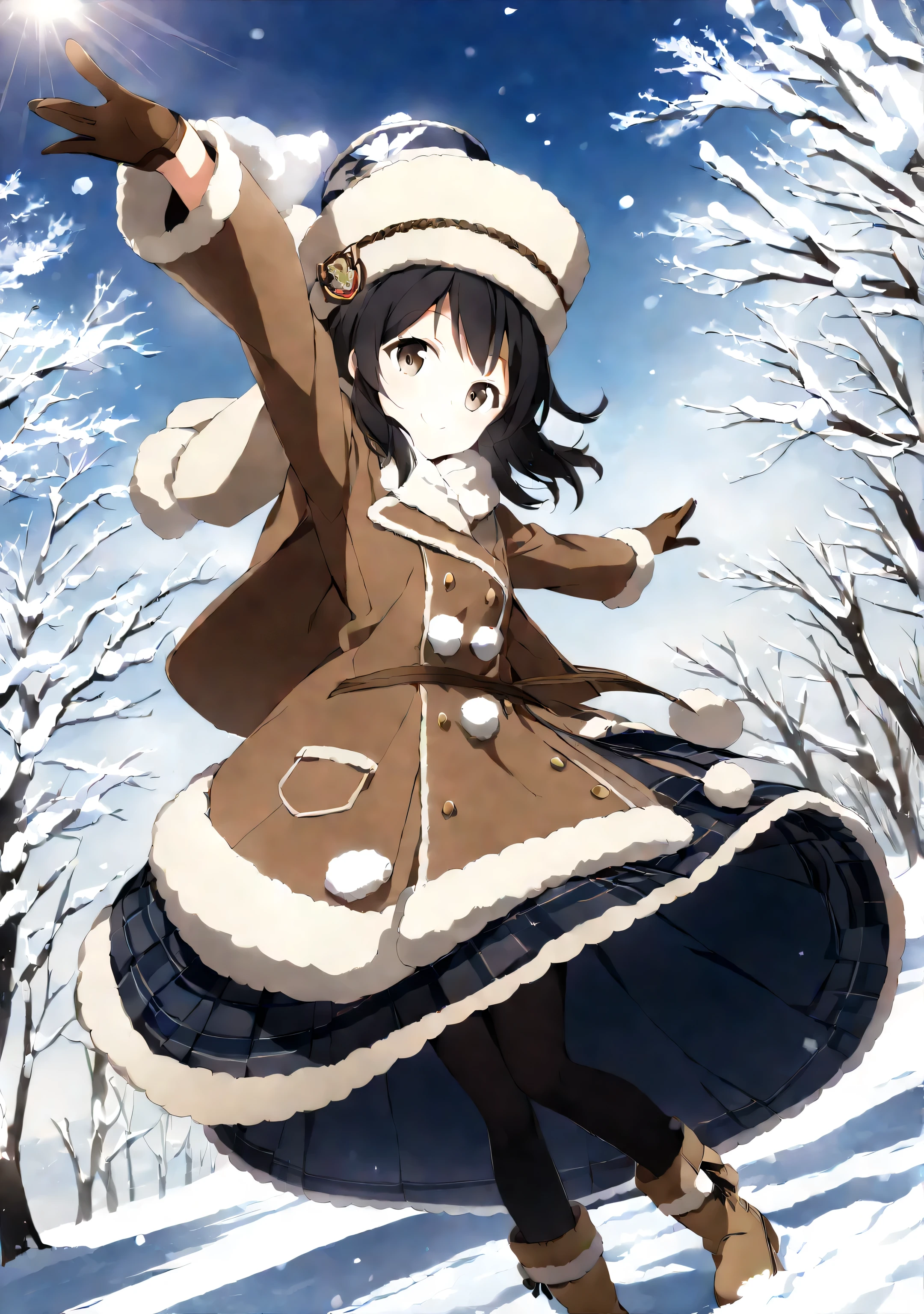 whole body、Wide angle、mid、 black hair 、、 bright sunlight、 White Breath、Wide plains、Pretty brown eyes 、 one girl、 Snow Scenery 、 Navy Blue Long Skirt 、 brown gloves、coat with fur、smile、 black tights、 Mouton Boots 、Drawing to the toes、Russian hat 、 looking at the photographer、Arms outstretched