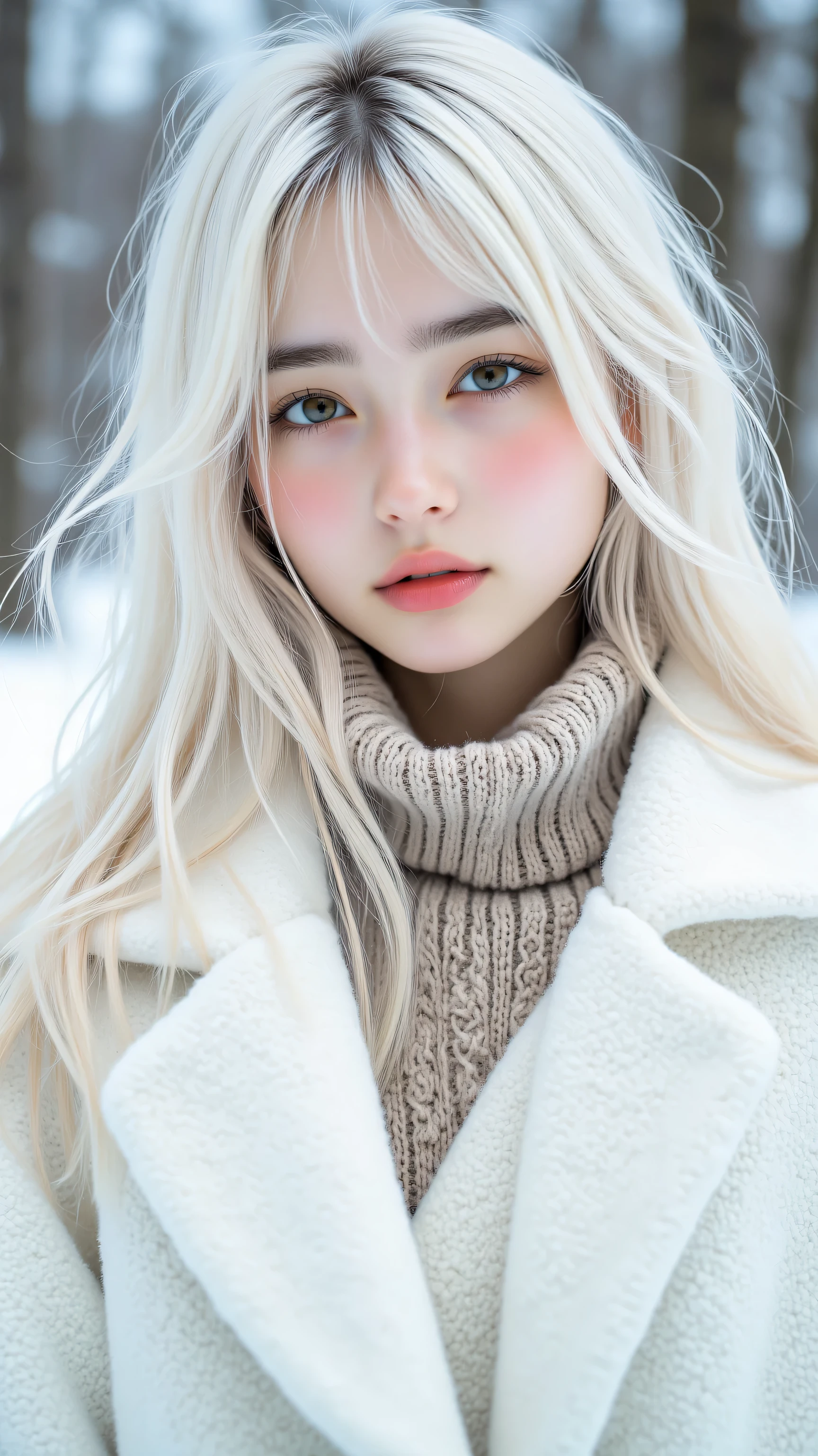 Blond woman with blue eyes and white coat in the snow - SeaArt AI