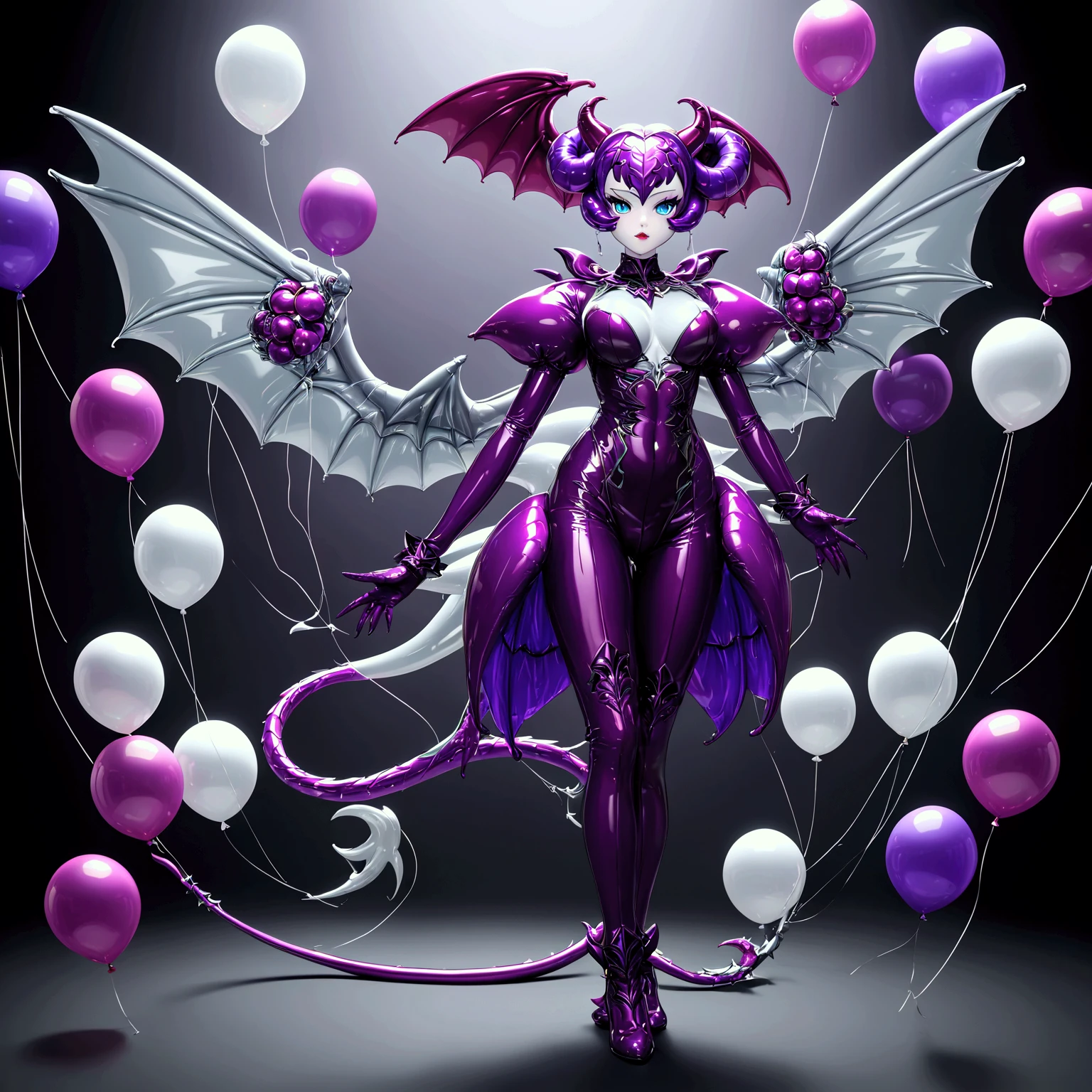 Succubus Japanese female 3d magic smooth transparent rubber inflatable big devil wings smooth transparent inflatable devil tail smooth inflatable girl smooth body smooth metallic purple rubber clothes blowing balloon tail blowing balloon full body picture front