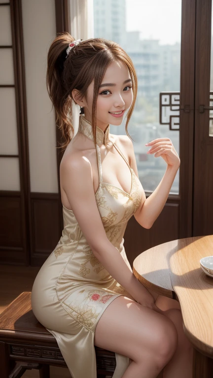 top-quality、full bodyesbian、​masterpiece、dark eyebrows、超A high resolution、Photorealsitic、A highly detailed、Professional lighting smile、aquiline nose、short-hair、cleavage of the breast