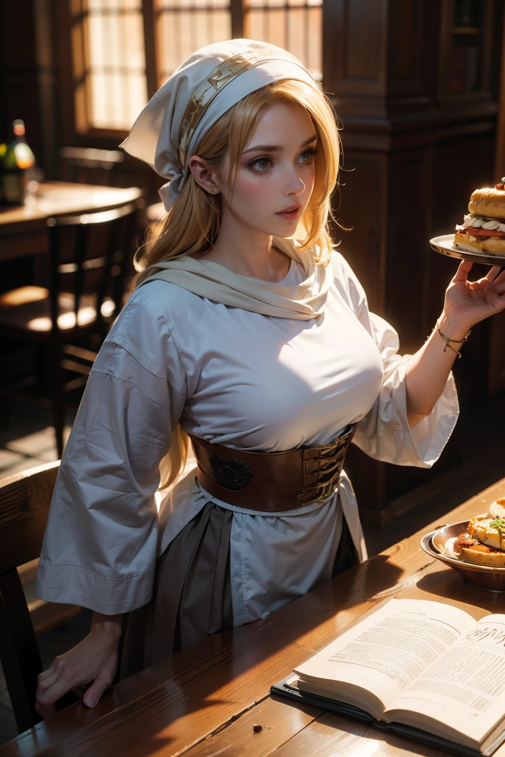 medieval times , Female tavern boss, white bandana on the head, Blonde, brown clothes, Dark Light , not holding anything, Food on the desk