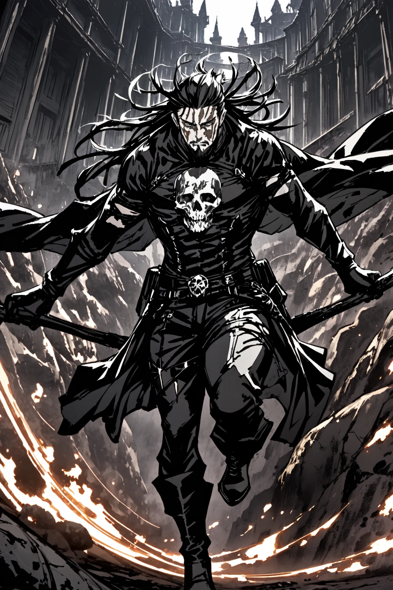 Elias appearance "grim" Valtor
Hair : short and messy, jet-black color with gray highlights , as if his life were slowly burning . It has a slightly silver tone at the tips , reflecting the effects of the ritual that connects him to death .
eyes: eyes de un azul intenso con una ligera aura sobrenatural. In their most intense form of "Memento Mori", his pupils dilate and acquire a faint red glow , reflecting his connection with death and life spent .
rostro: His face has a serious expression , with a light strong jaw and a beard that gives it a rough air . The burn marks and scars from ancient battles cross his skin , some even appear to be burns or ritual marks from the process that made him a hunter . Her gaze is fierce , but also reflects a sense of fatigue , as if he were always on the verge of running out .
Body: tall and muscular, with a body marked by years of extreme training and the constant activation of his ability. His skin has a tan hue , marked by battle scars and the effects of "Memento Mori". He has an aura of exhaustion that makes him appear more dangerous : his body seems to be on the verge of collapsing at any moment , but still fighting .
Clothes:
top: He wears a tight black leather jacket that shows his athletic build , with several ritual protection patches and arcane symbols engraved on it , that give him a slight defense against minor curses .
parte inferior: Tactical pants in a dark gray , designed for mobility and agility , with reinforced leather details on his knees and thighs .
Gloves: Gloves de combate de cuero negro con runas que brillan levemente cuando su habilidad se activa. These runes give him extra power to seal curses and demons with his blows .
boots: boots militares robustas, that they support their high impact movements and resistance in combat