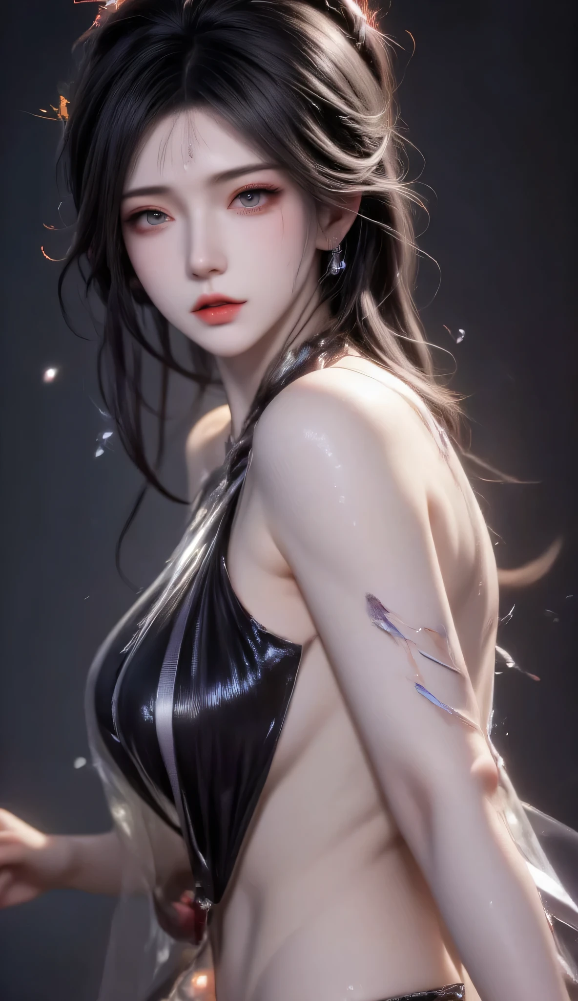Lu xueqi, donghua female character from jade dynasty, realistic, shiny skin, wet skin, expressive pose dynamically, (((sweat all over)))