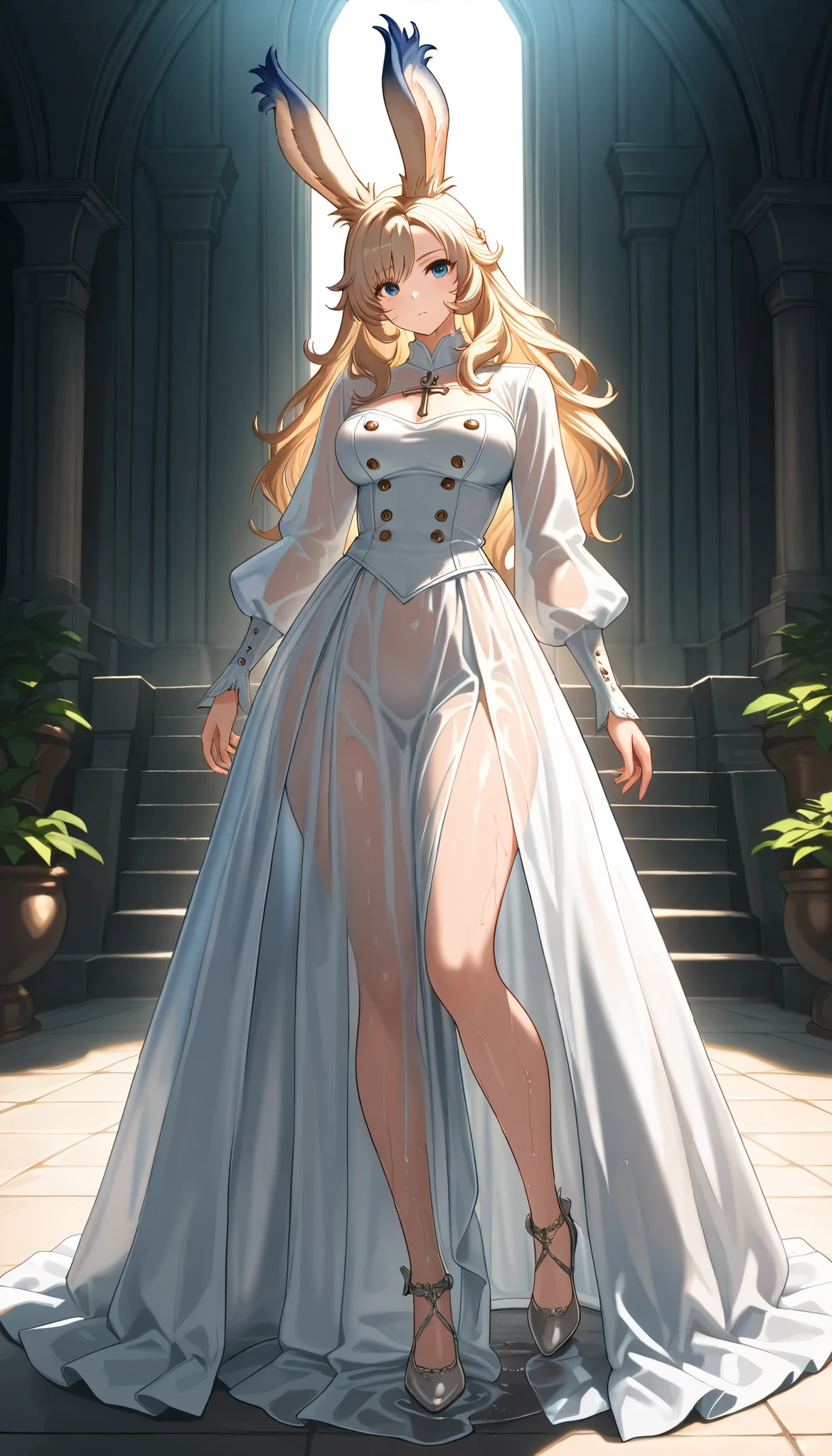 (((( Masterpiece)))), (((( top quality)))), high resolution,fine grain, detailed face, Depiction of a face expressed down to the smallest detail, Detailed Eyes 、Detailed faces、Hair drawn down to the smallest detail , wet,viera, princess, 複雑な構造のlong dress, transparent dress, Bold and Sexy Poses, big breasted with a cross eye, ( holds a bow), full body shot close up
