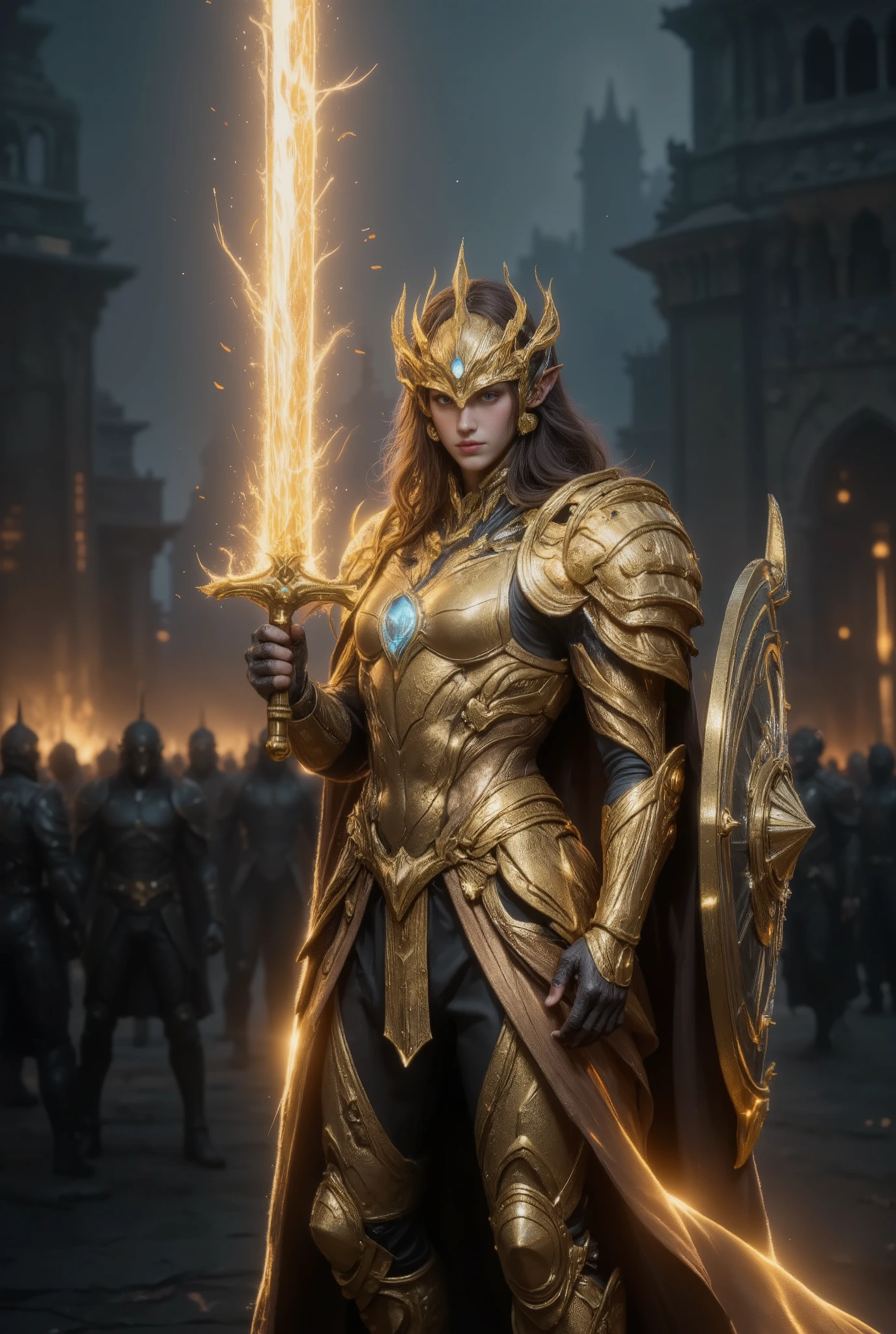 An awe-inspiring paladin wearing golden armor, wielding a sword imbued with radiant light, and holding a golden giant shield. The paladin’s blue eyes shine with determination as they navigate through the dark and mysterious cityscape. The glow of the paladin’s sword illuminates the surroundings, revealing intricate details and adding a cinematic touch to the composition. The overall aesthetic captures the beauty and depth of the scene, reminiscent of Fujifilm photography.smile