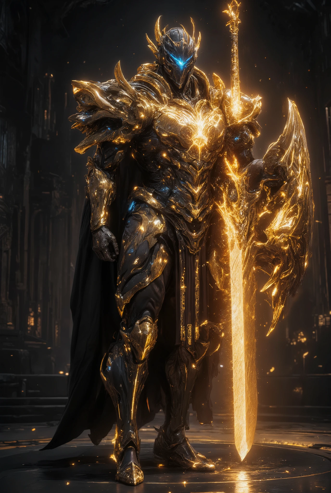 An awe-inspiring paladin wearing golden armor, wielding a sword imbued with radiant light, and holding a golden giant shield. The paladin’s blue eyes shine with determination as they navigate through the dark and mysterious cityscape. The glow of the paladin’s sword illuminates the surroundings, revealing intricate details and adding a cinematic touch to the composition. The overall aesthetic captures the beauty and depth of the scene, reminiscent of Fujifilm photography.smile